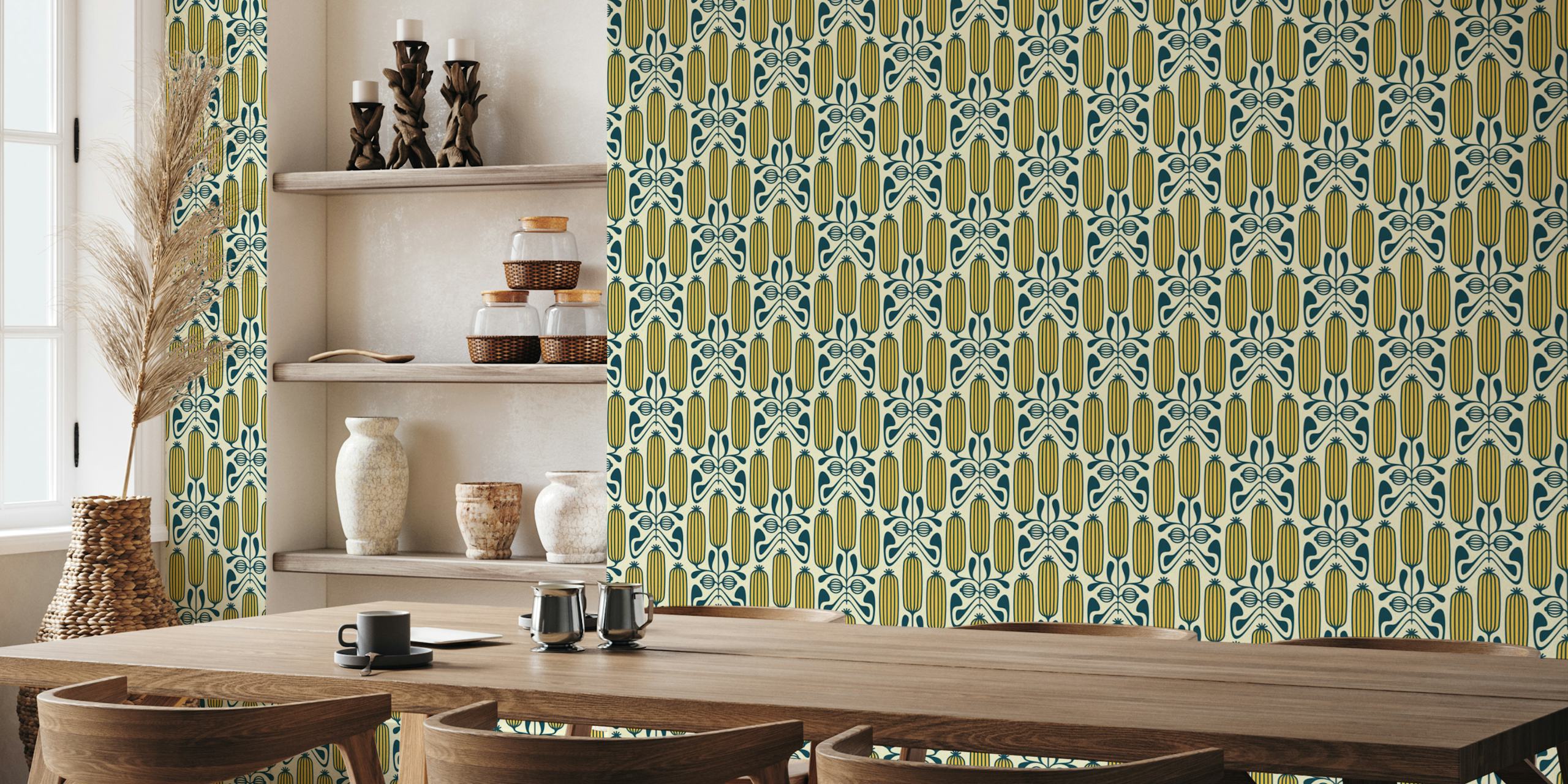 Ornate floral cucumbers in yellow and dark green wallpaper