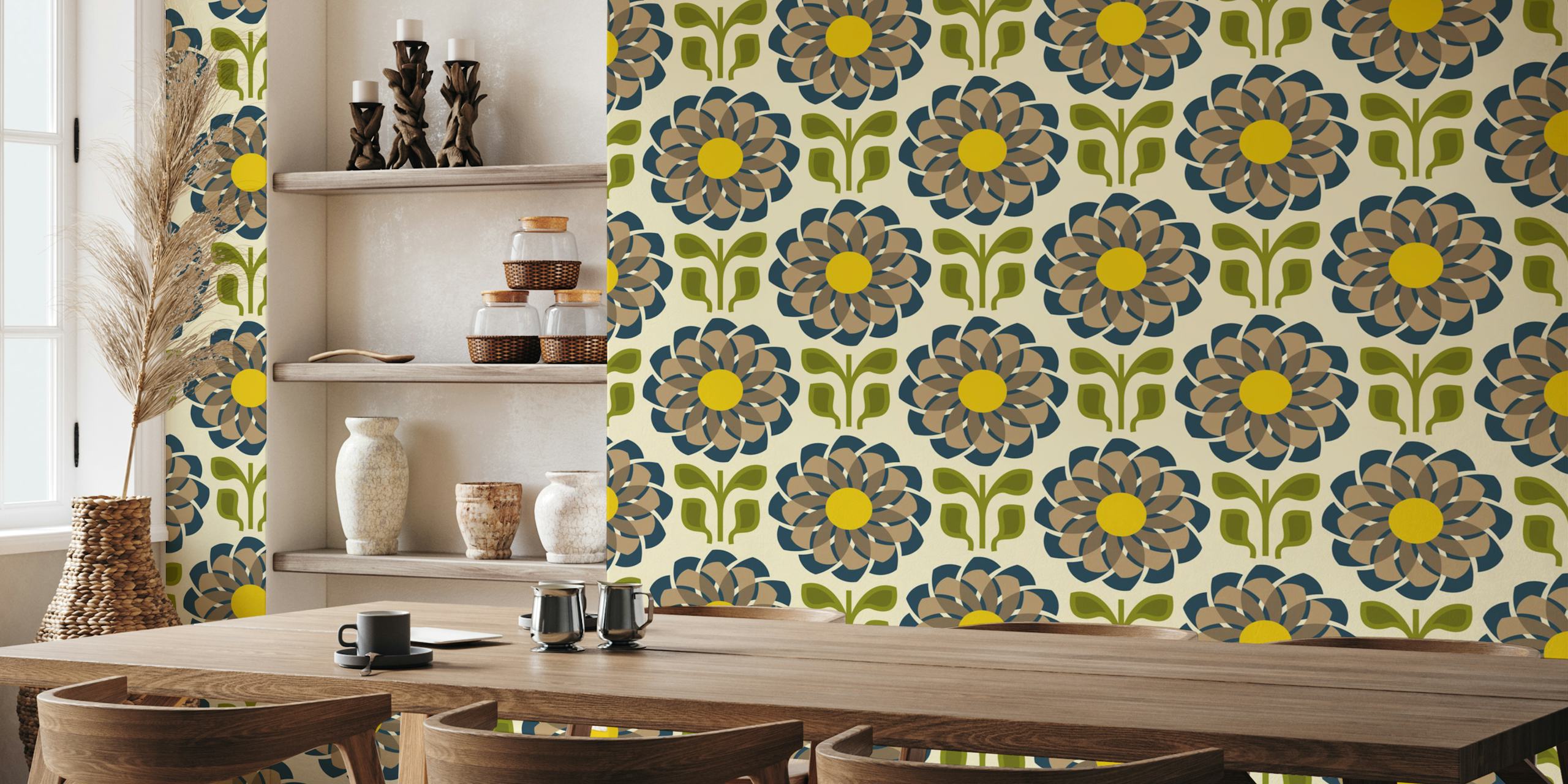 Geometric Flower Fusion in Brown Green - S tapeta w pomieszczeniu