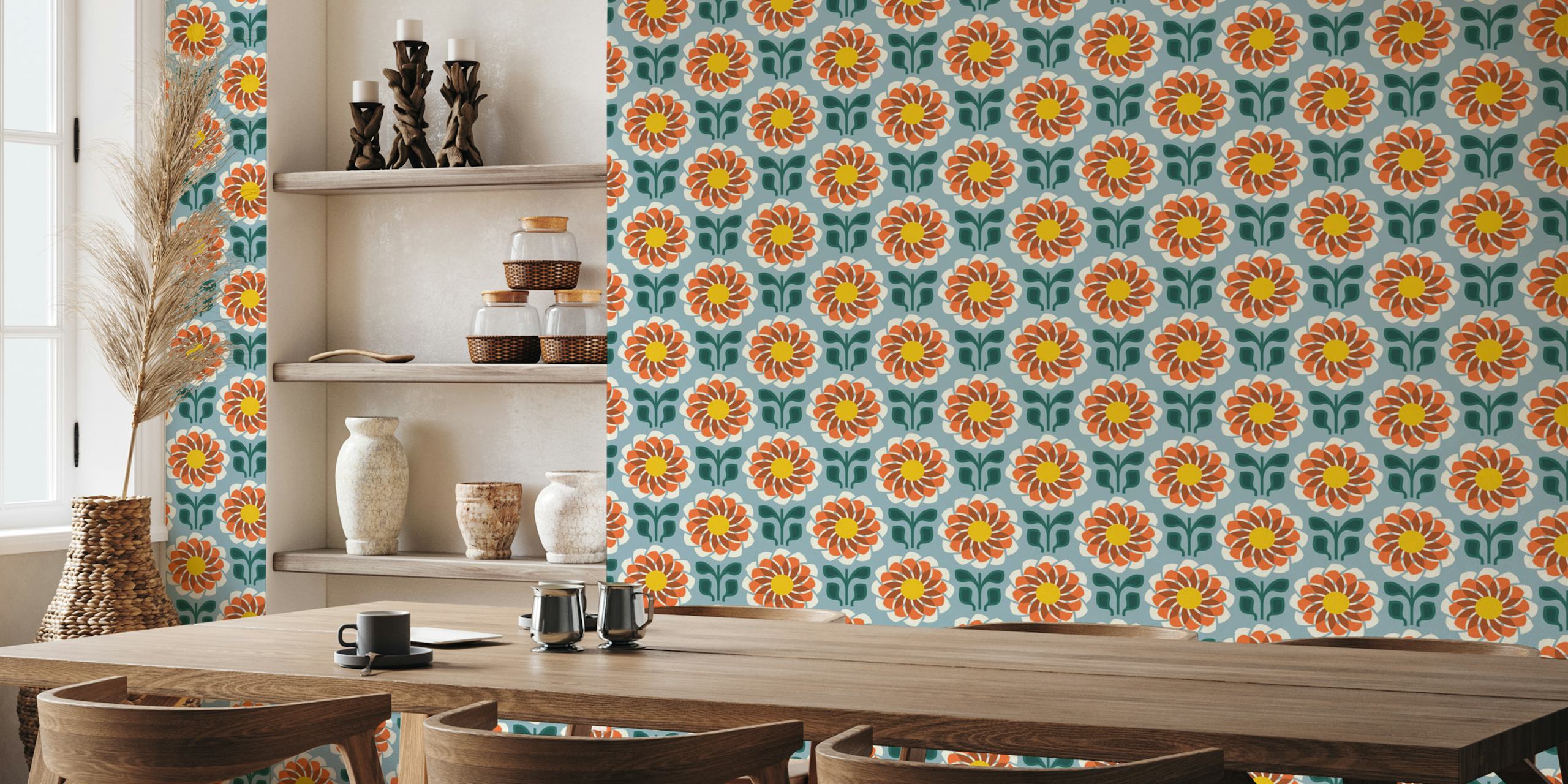 Geometric floral pattern with orange, green, and cream colors wallpaper