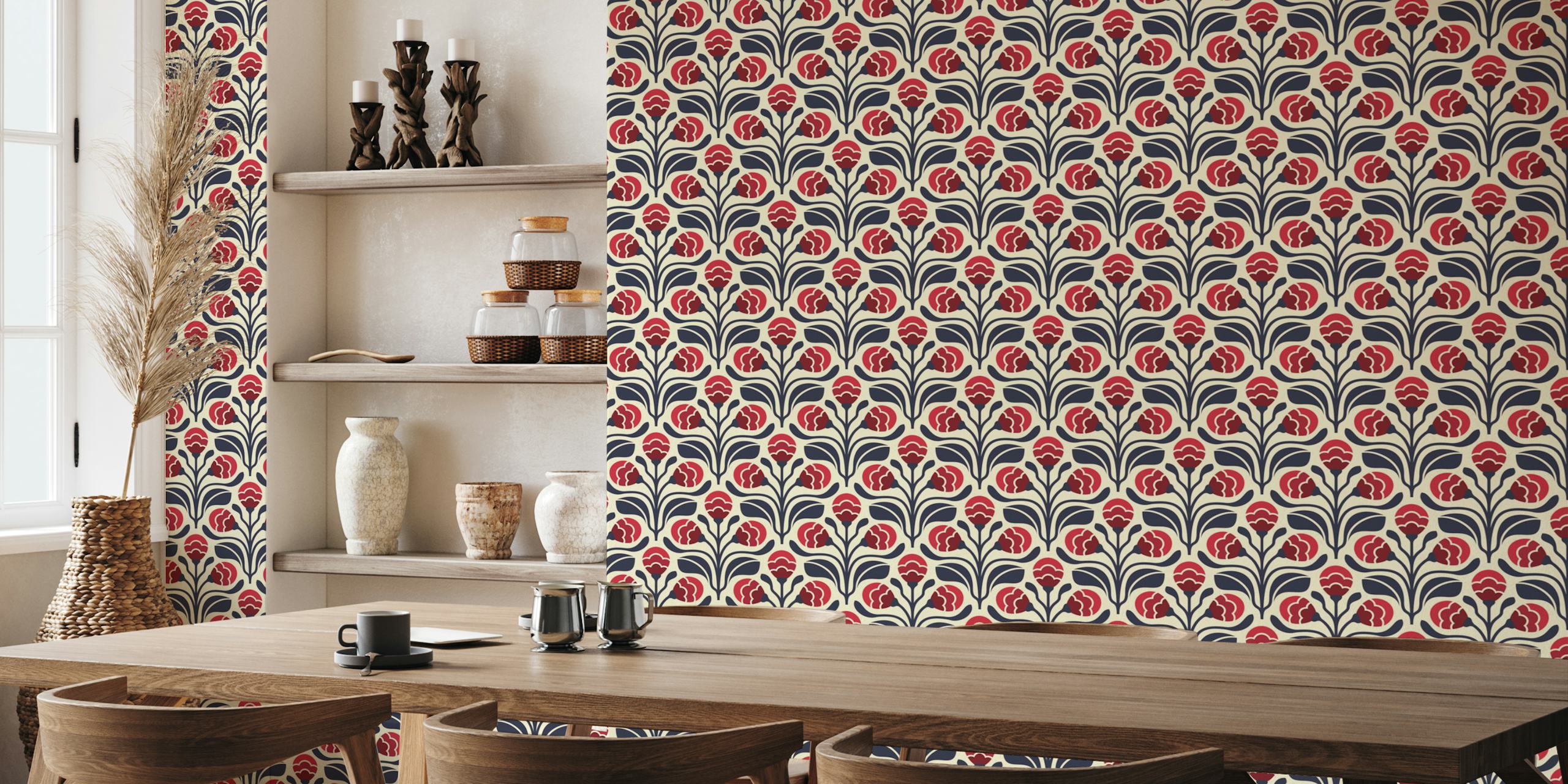 Red floral motifs with dark blue leaves on cream background wallpaper