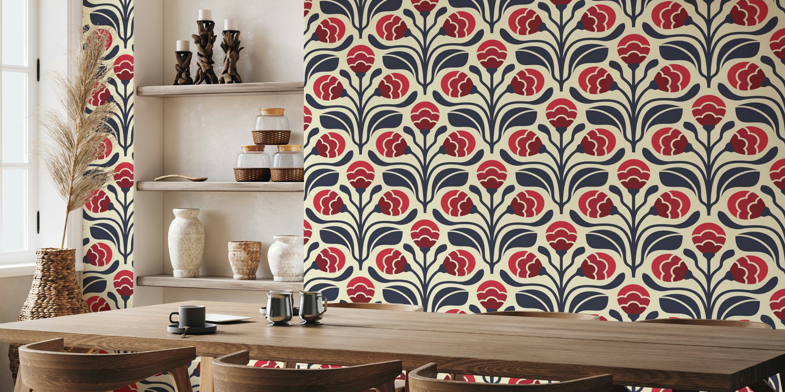 Retro Floral Buds in Red wallpaper in a room