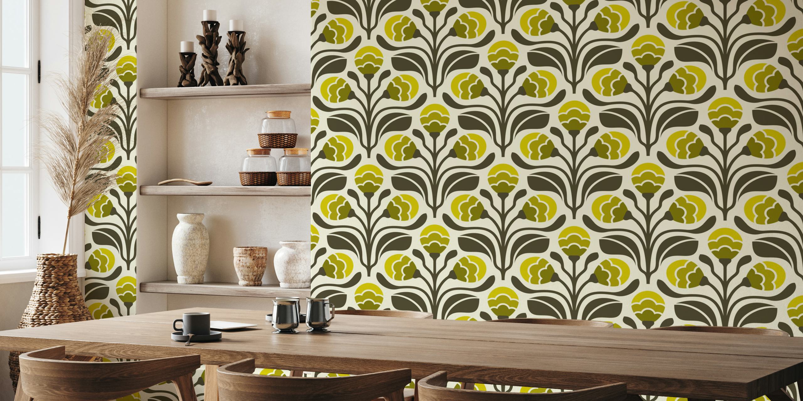 Retro Floral Buds in Green tapetti huoneessa