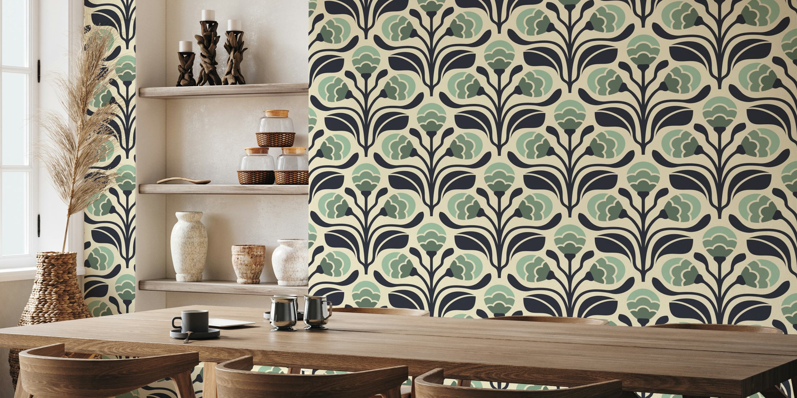 Retro floral buds wallpaper in a room