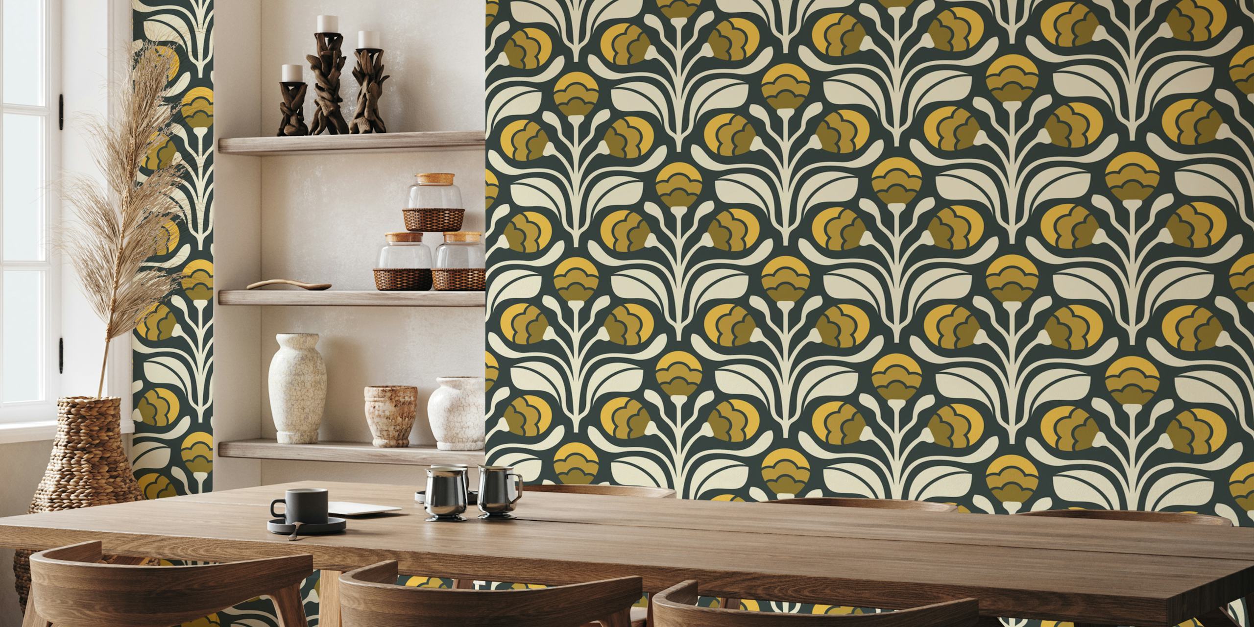 Retro Floral Buds wallpaper in een kamer