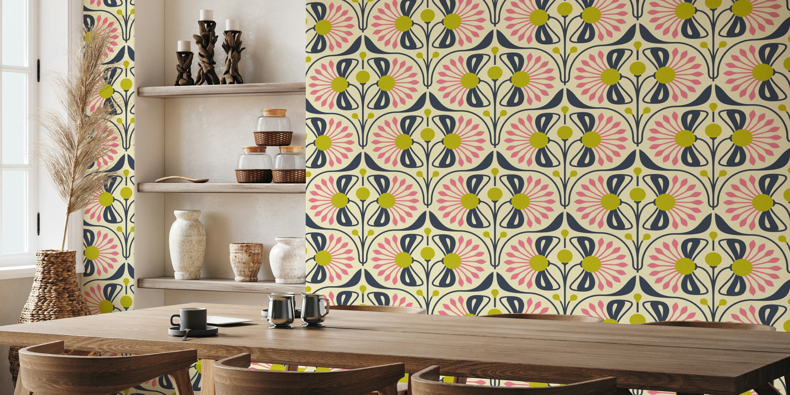 Retro Blossom Delight wallpaper in styled room