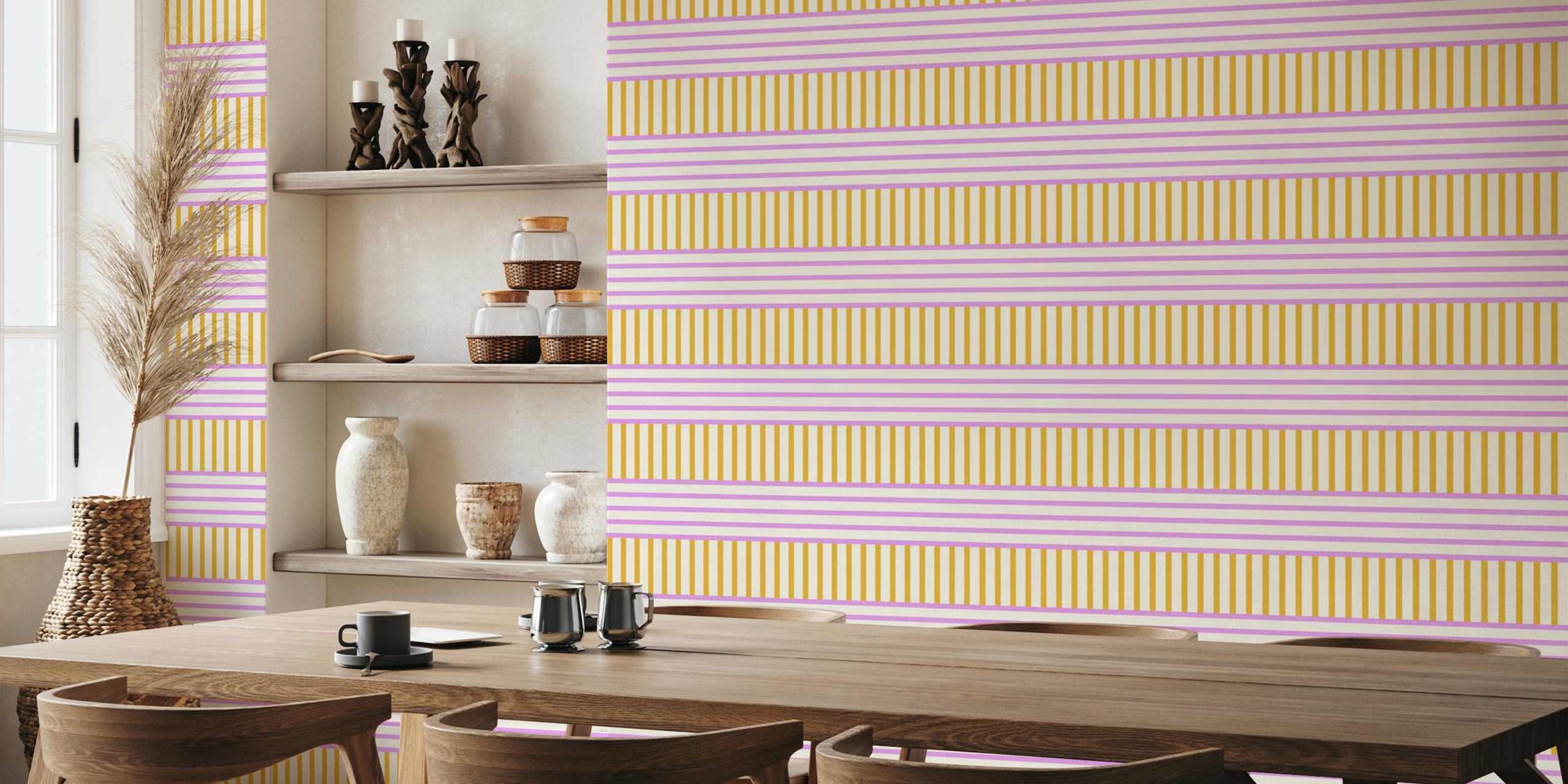 Yellow and pink striped wallpaper with horizontal and vertical patterns