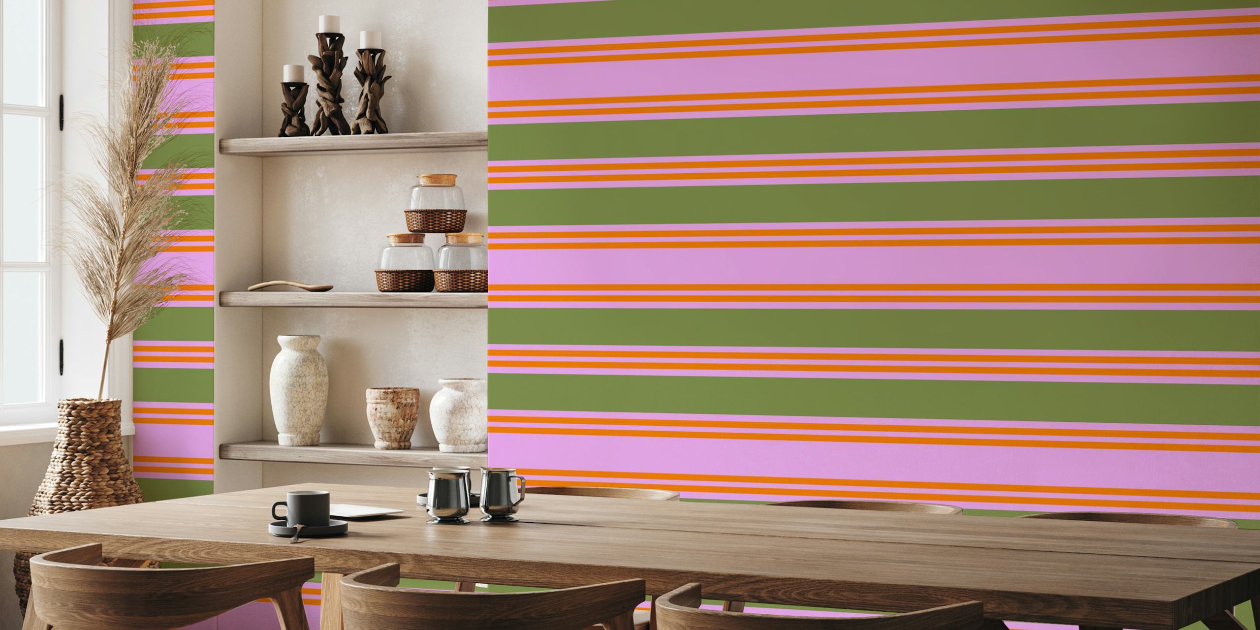 Colorful striped wallpaper featuring pink, orange, and green bands