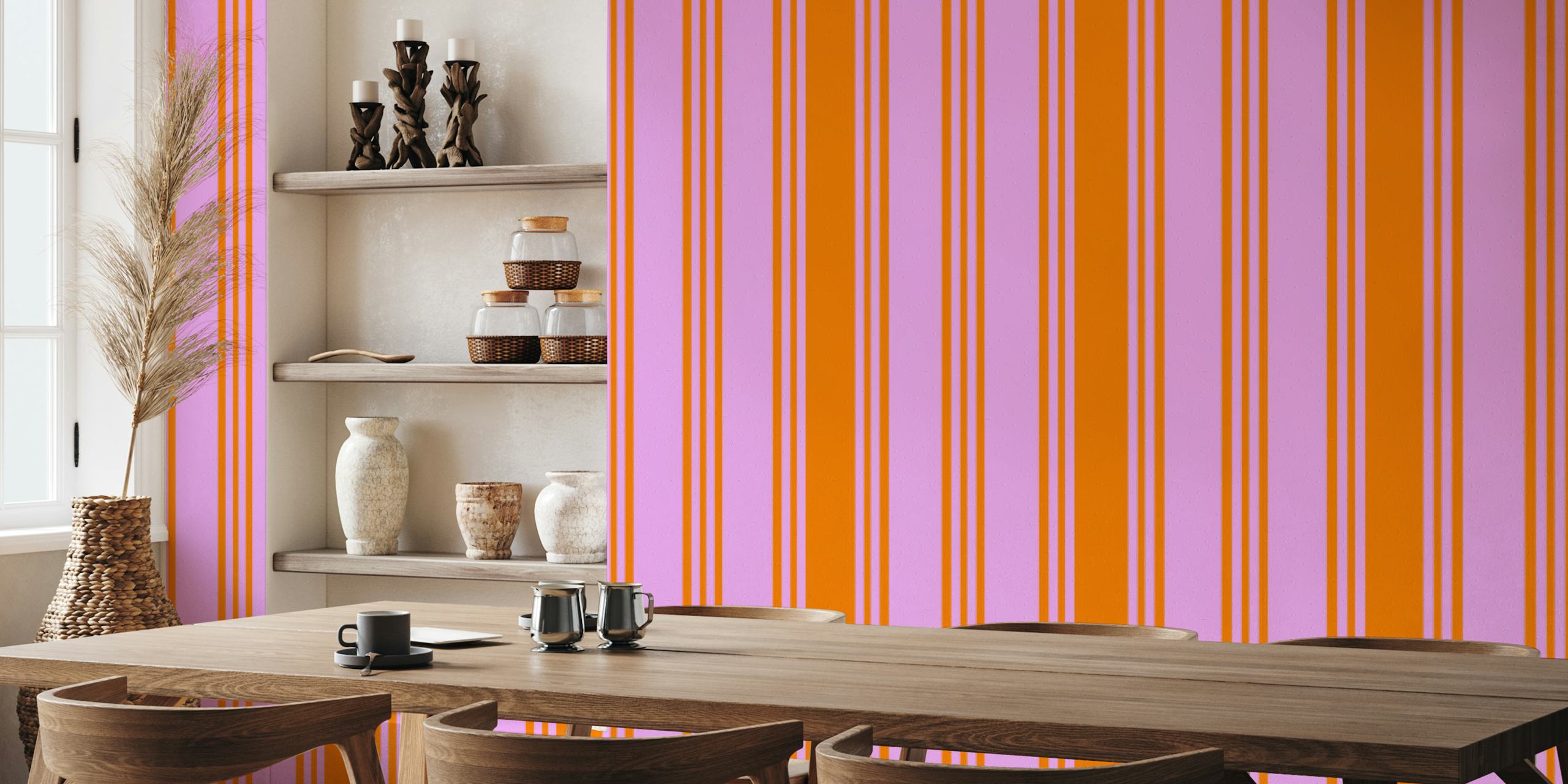Bold orange and pink striped wallpaper in a room