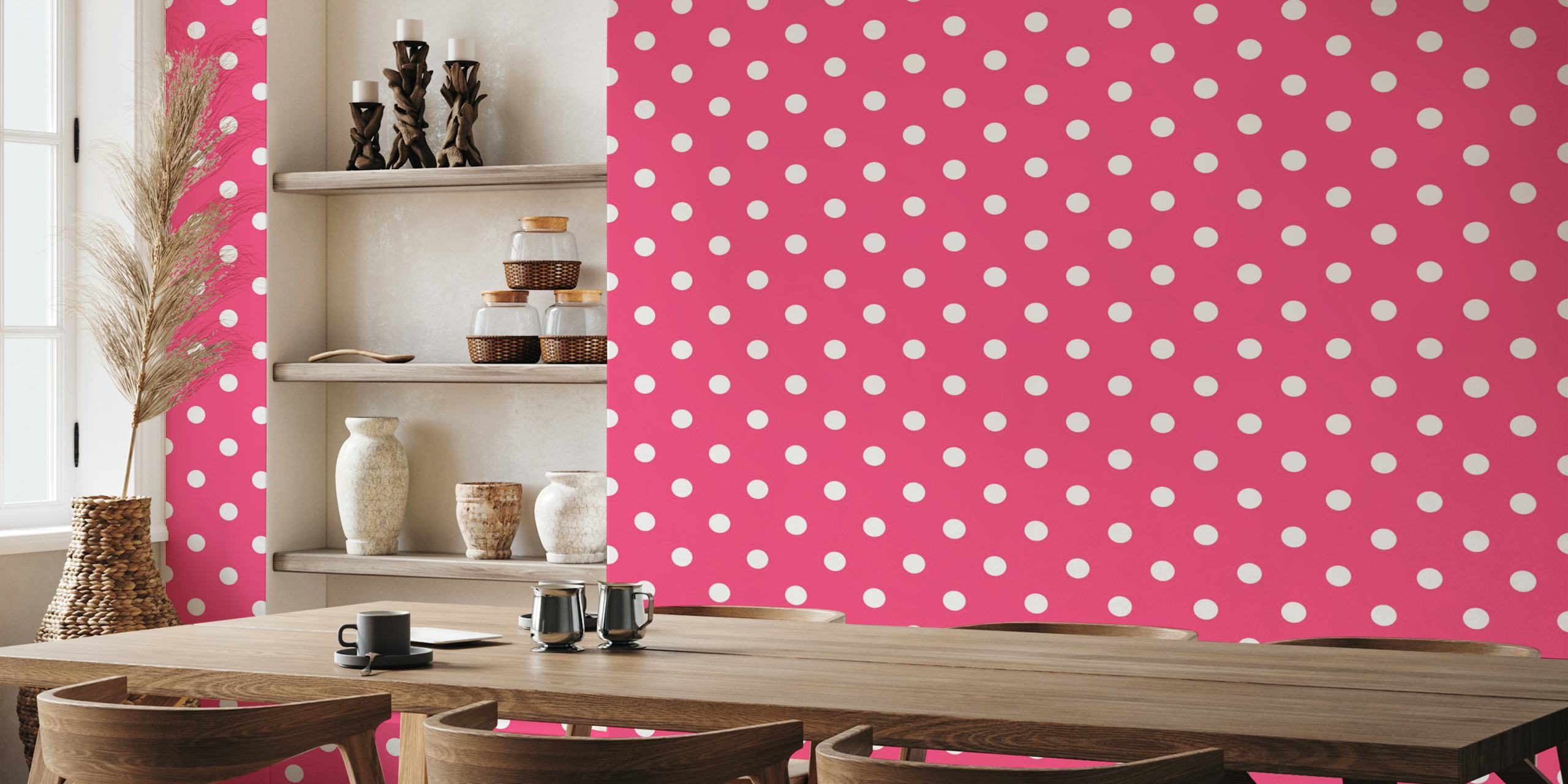 Wallpaper with white dots on hot pink background