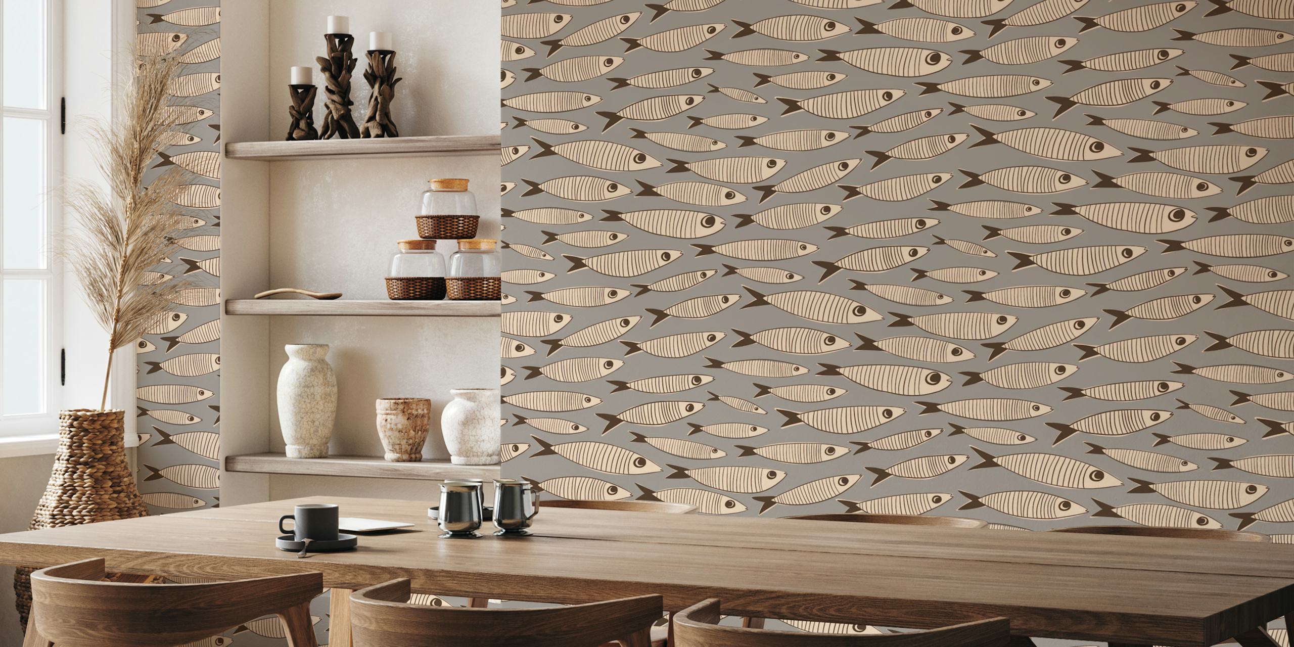 Sardines swimming in a grey cream pattern wallpaper