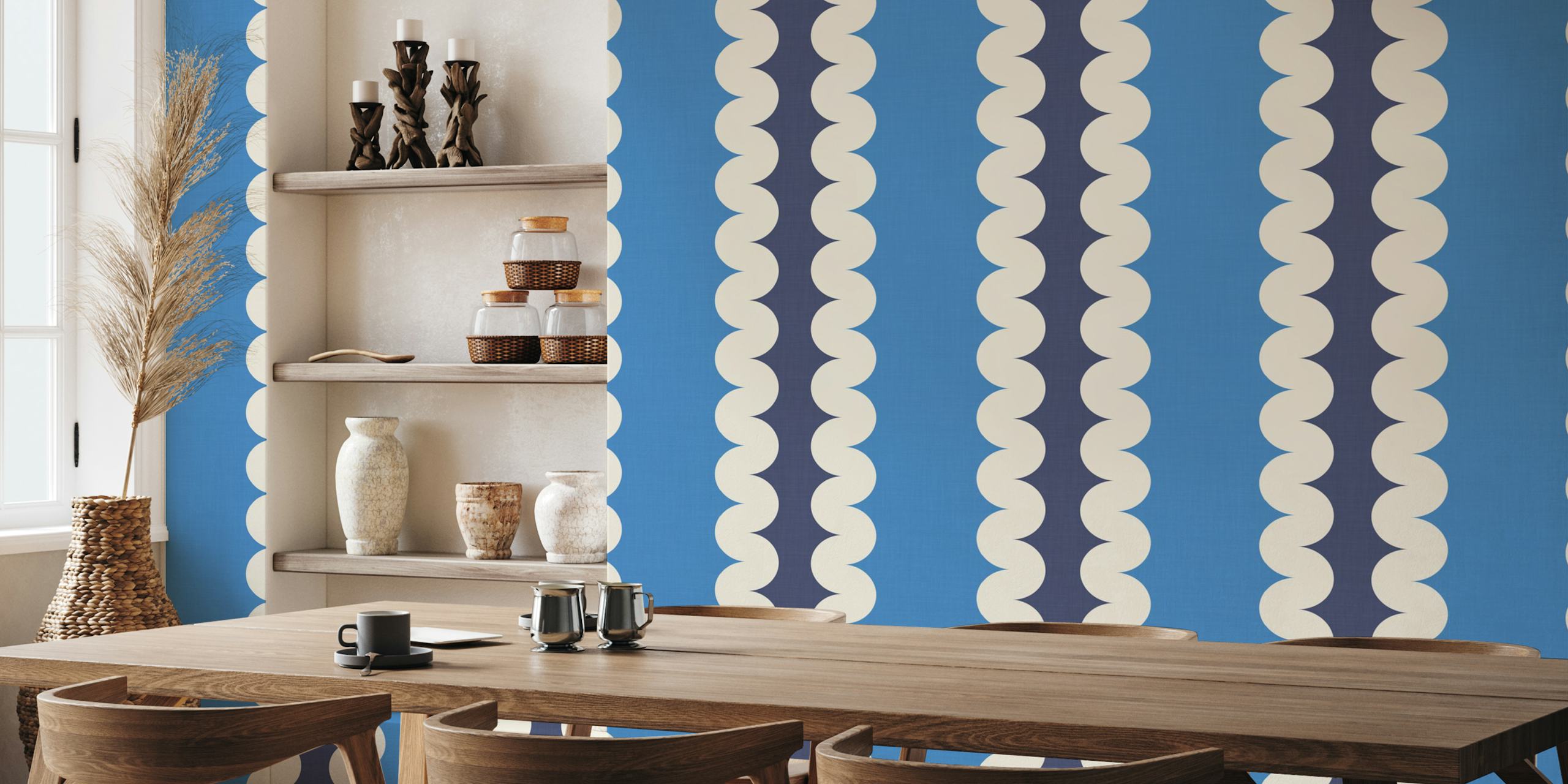 Blue and cream scalloped stripe design wallpaper