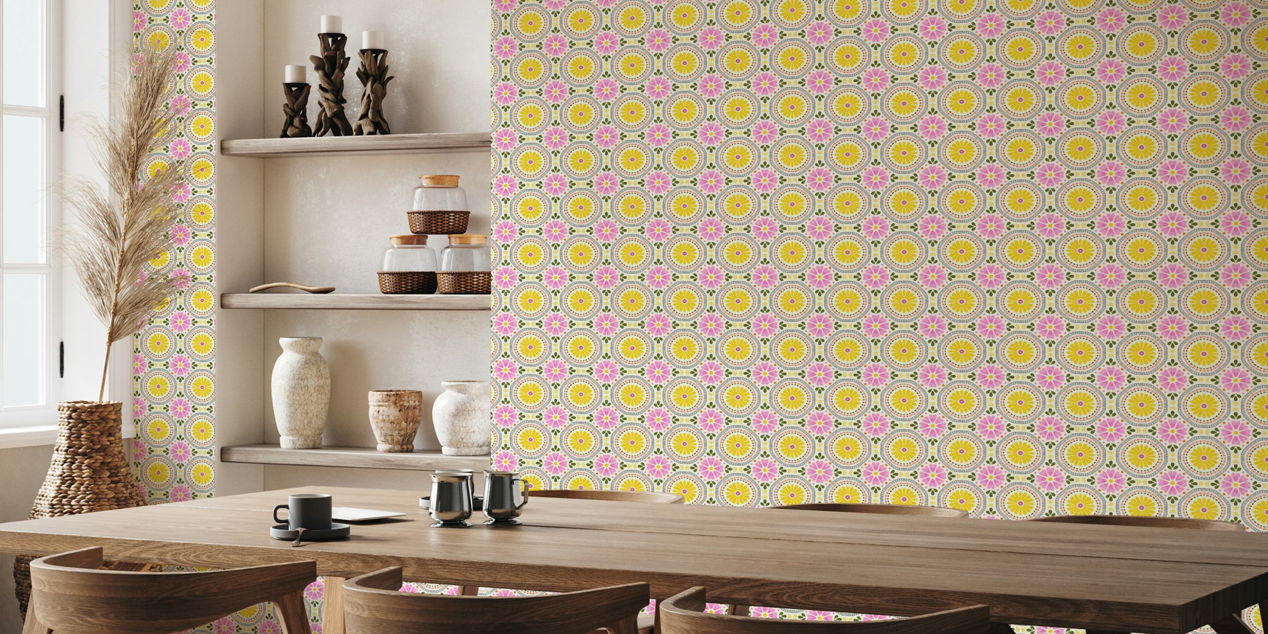 Heirloom Block Print Floral Vintage Tile ταπετσαρία σε δωμάτιο