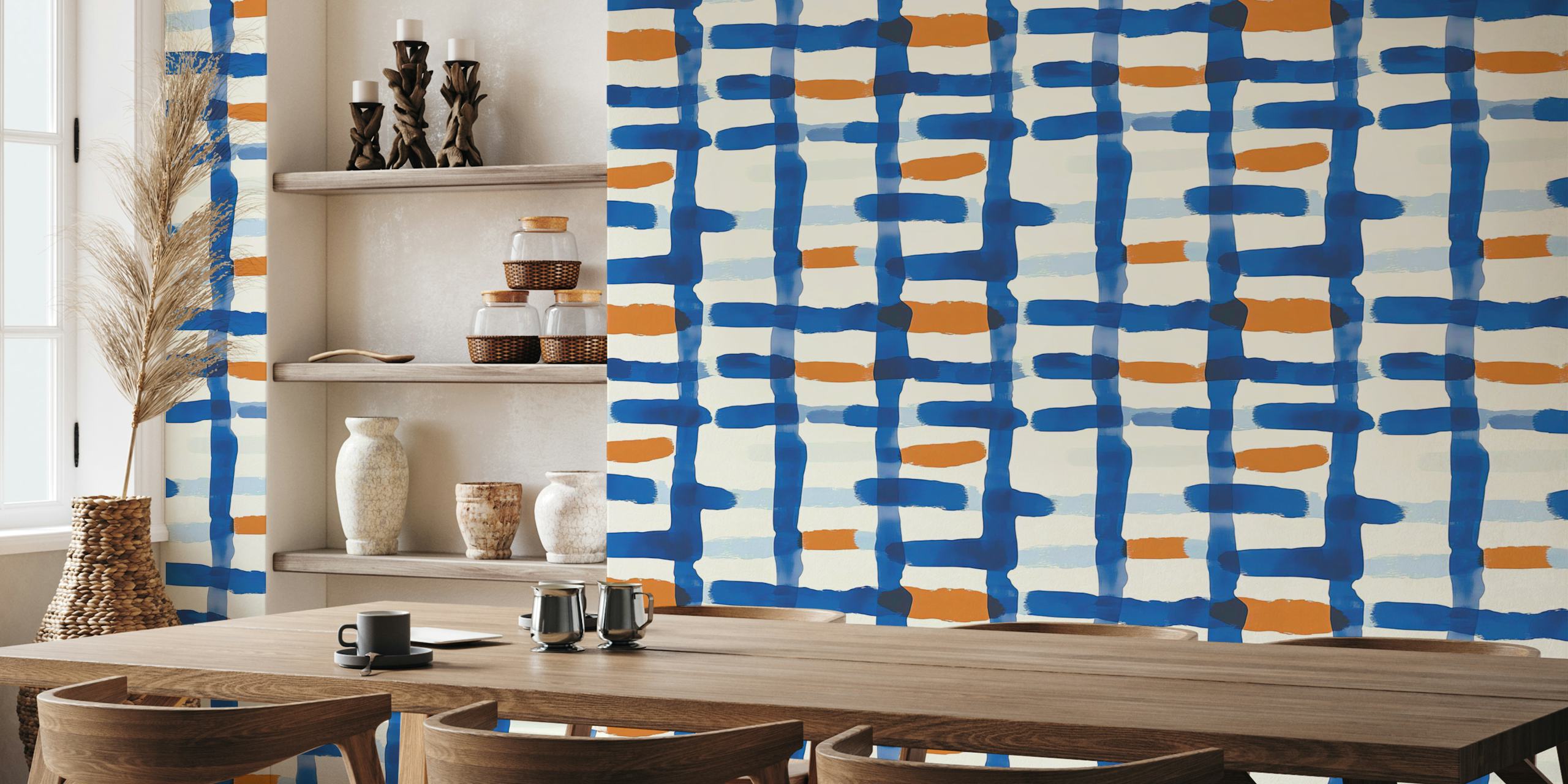 Abstract Blue Orange Lines wallpaper in a room