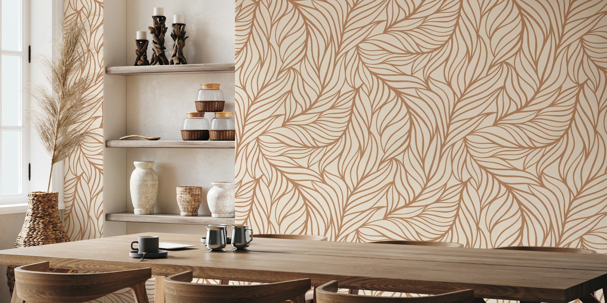Monochrome brown leafy wallpaper in a room