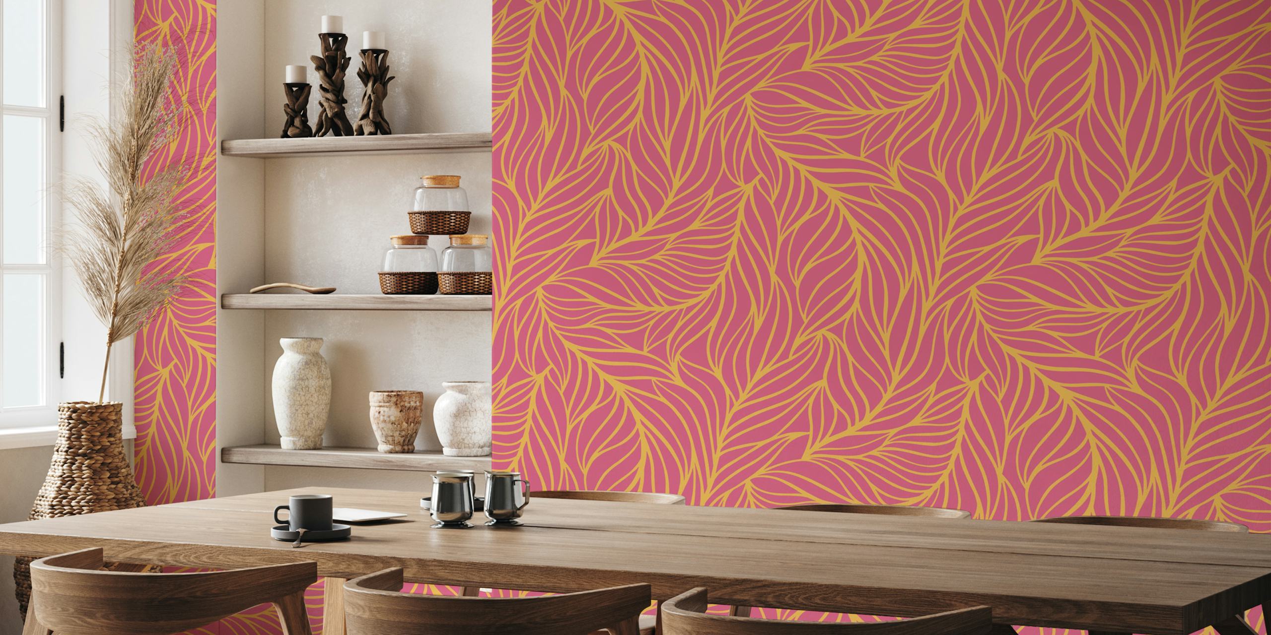 Minimalist flowing leaves in hot pink and yellow wallpaper