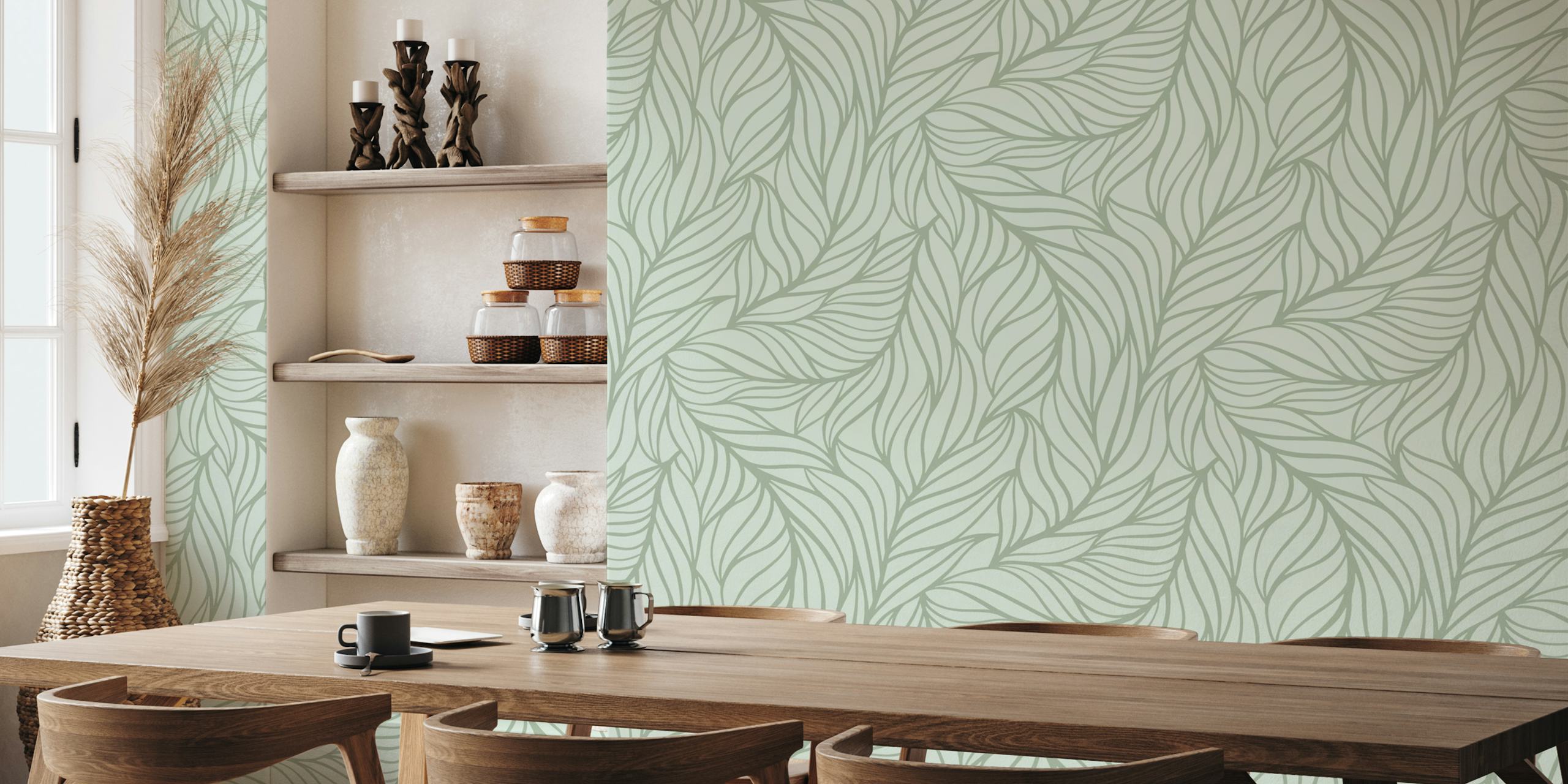 Sage green minimalist flowing leaves wallpaper