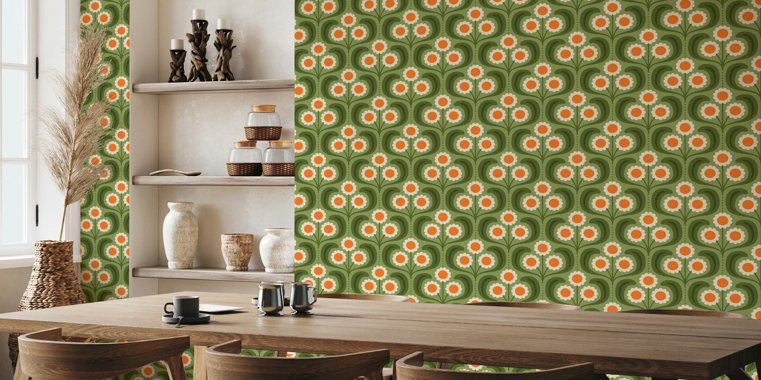 Retro floral design with green background and orange daisy flowers wallpaper