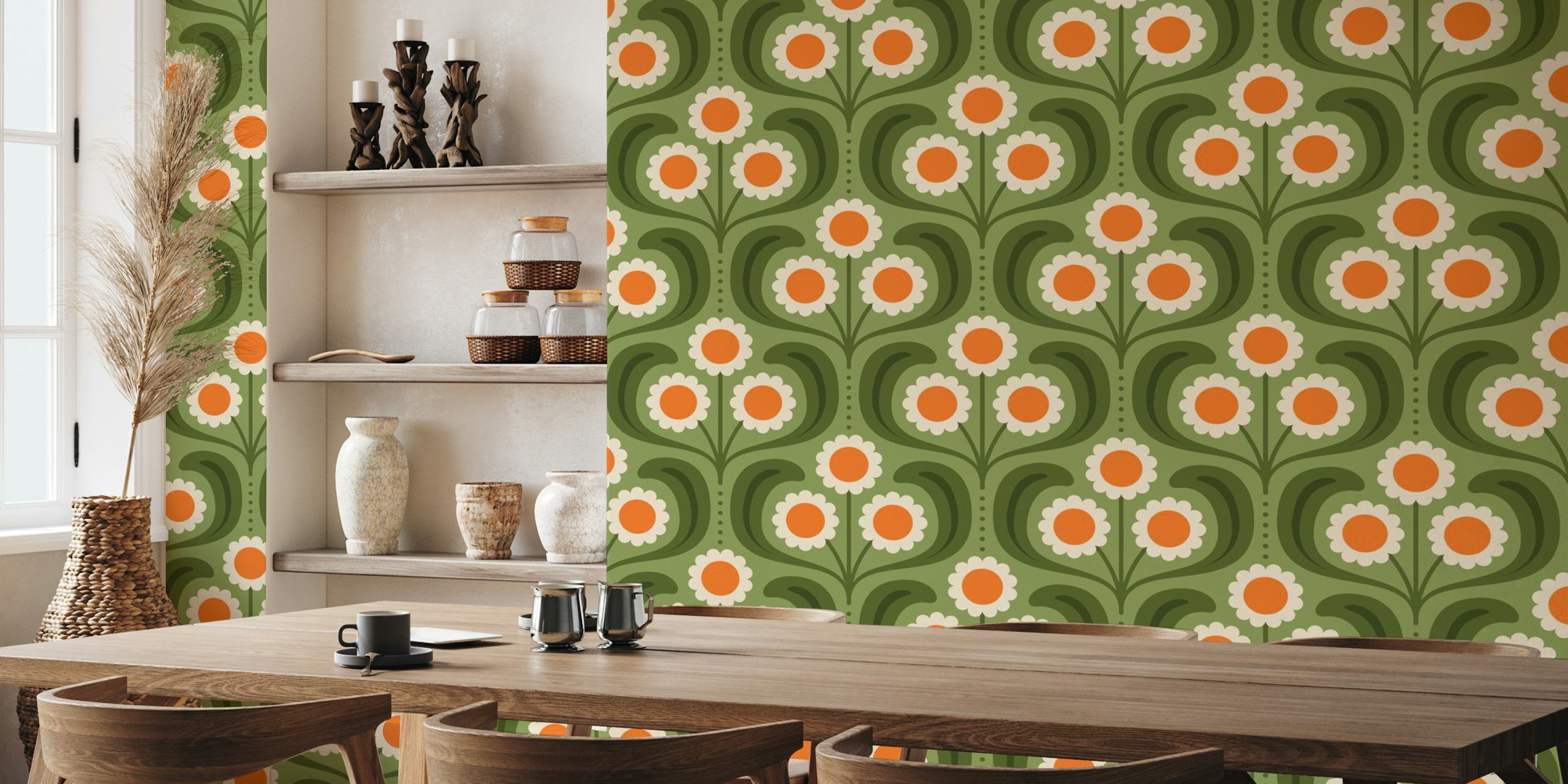 Groovy Daisy in Green Orange wallpaper in a room