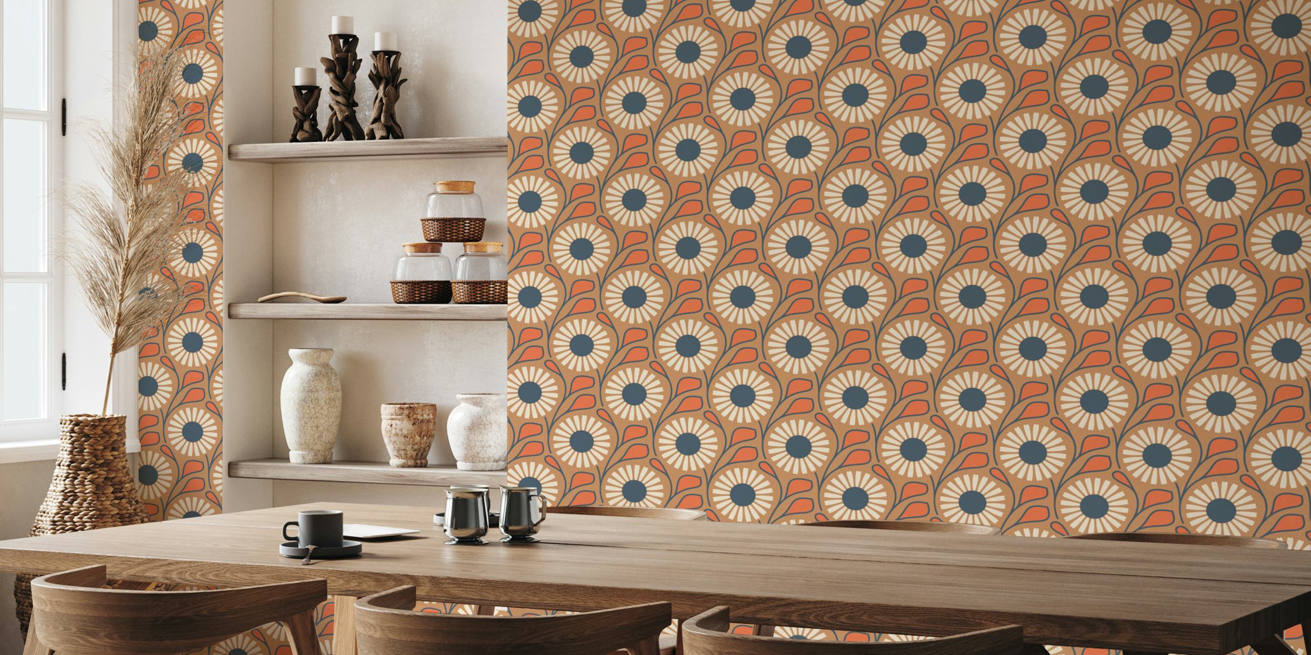 Brown and red daisy floral pattern wallpaper