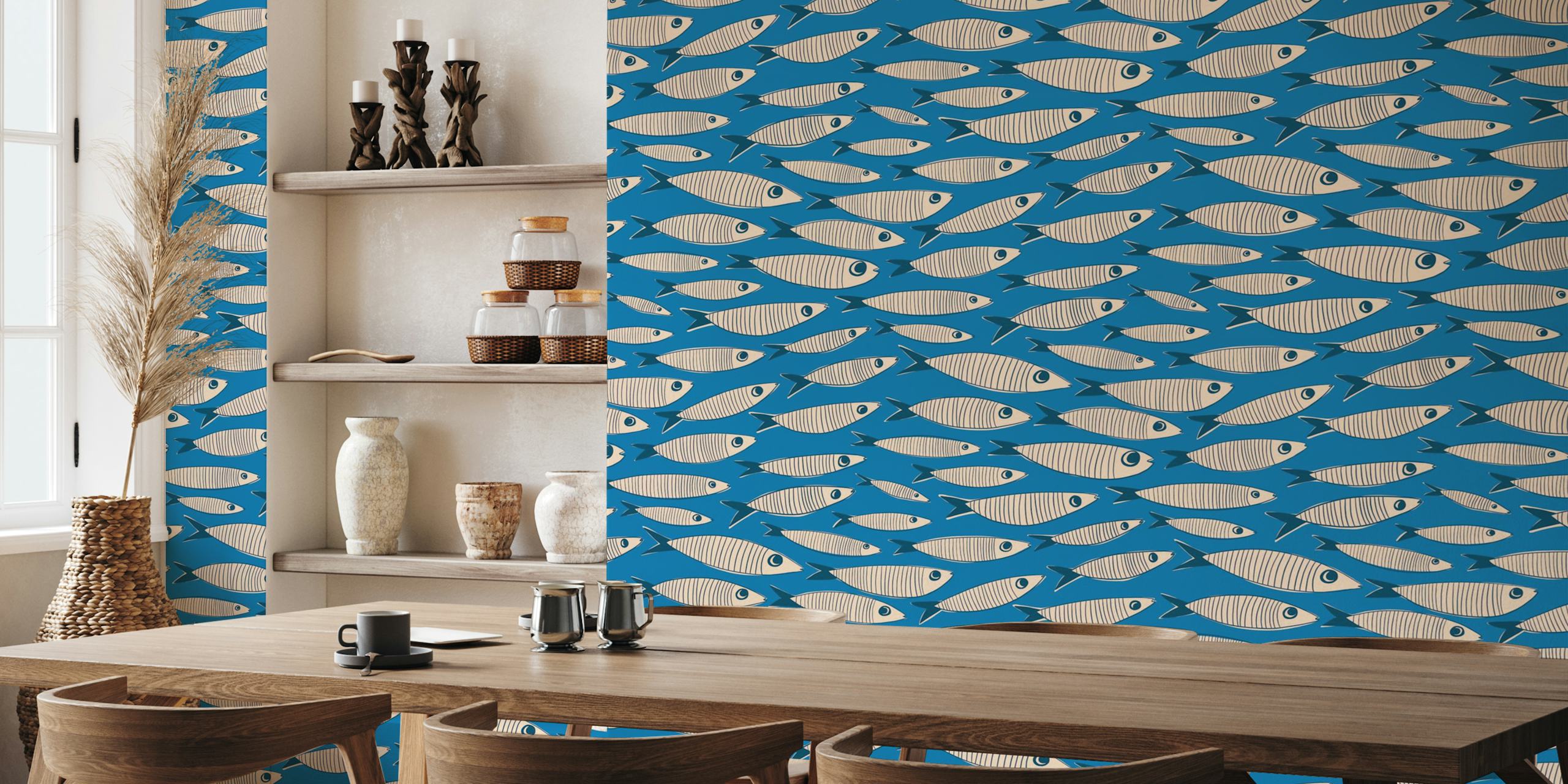 Vintage fish sardines wallpaper in blue