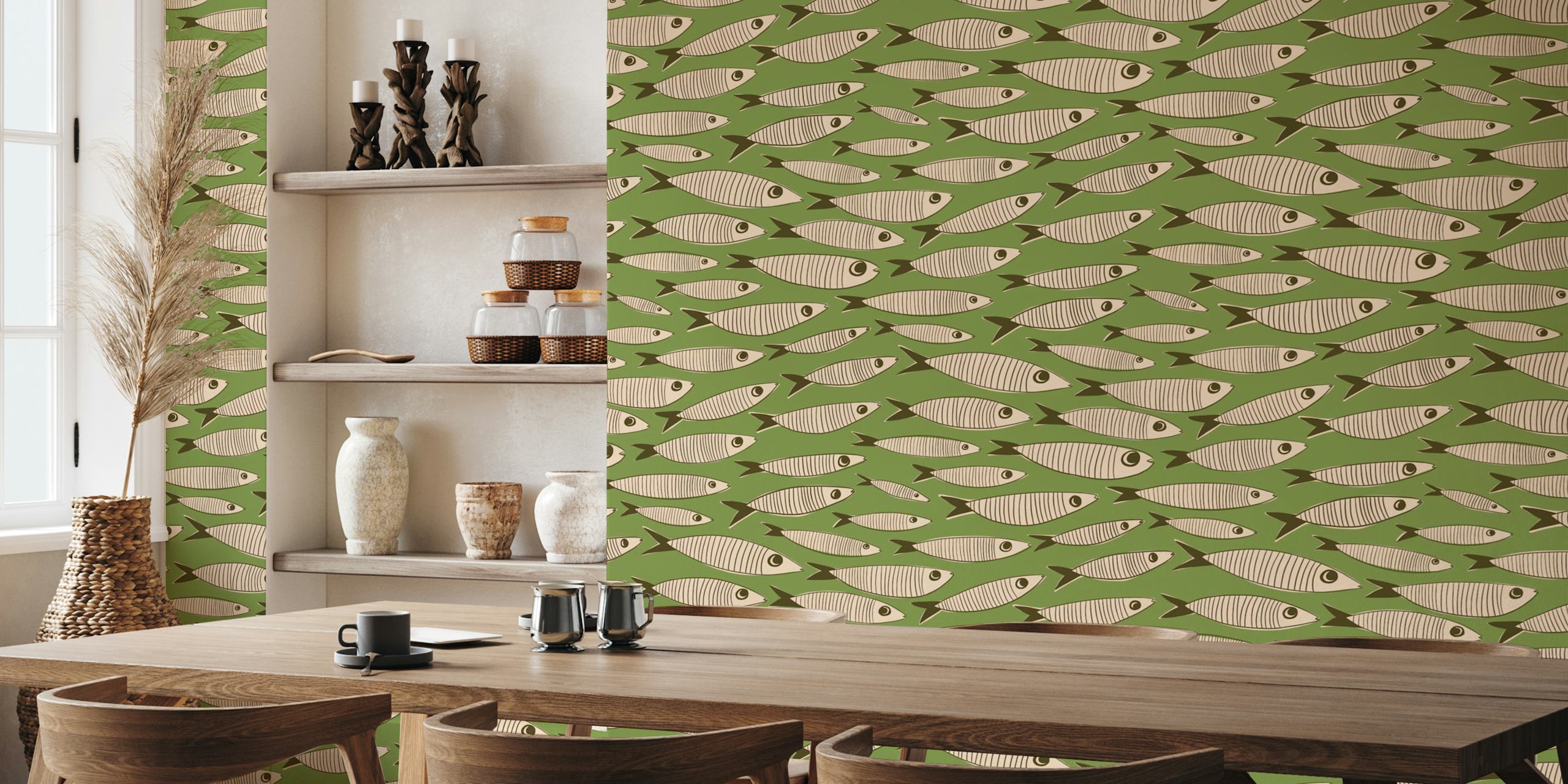 Motif de sardines stylisées sur fond vert, papier peint