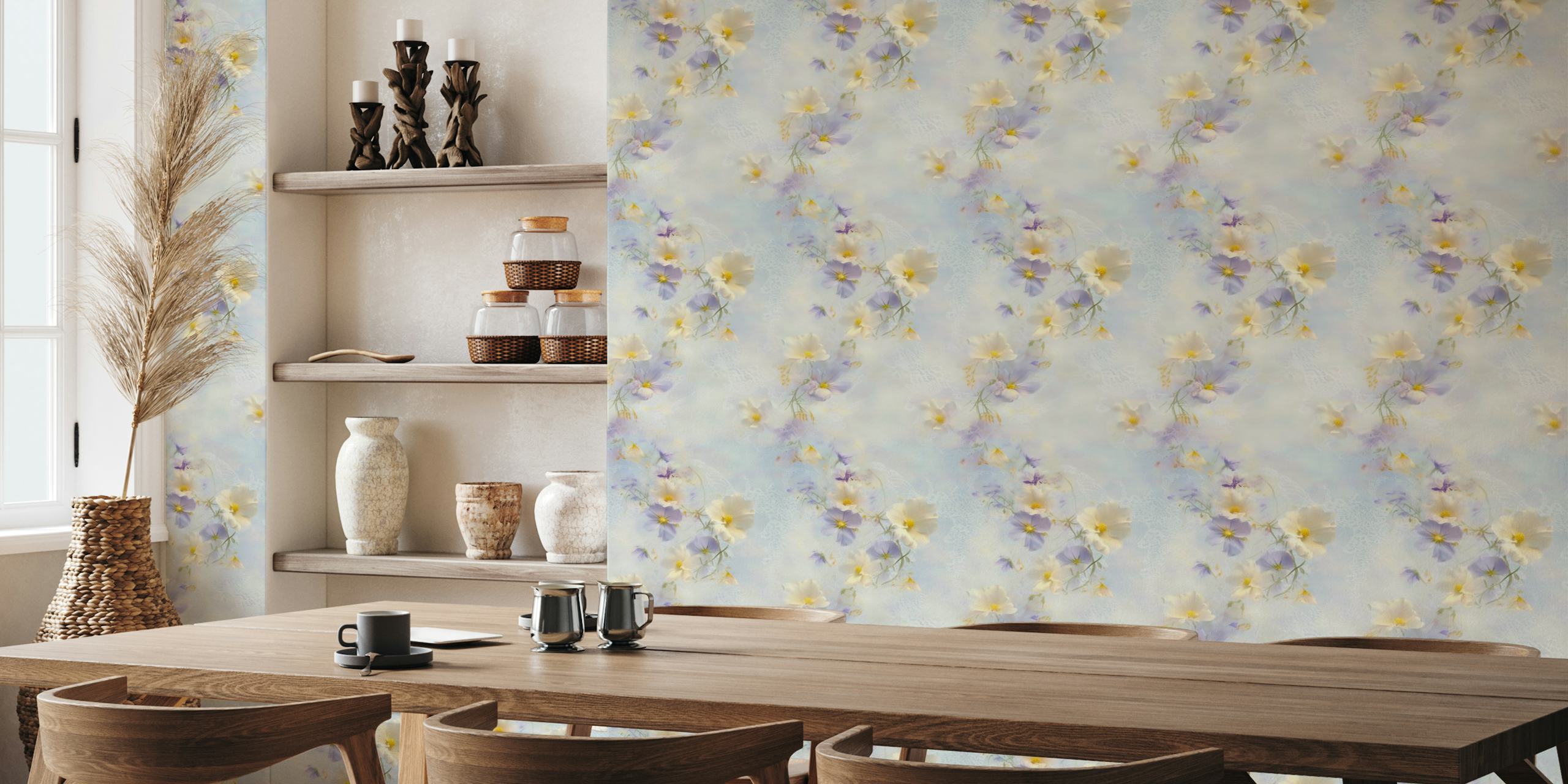 Pastel floral design with soft blossoms and delicate lace wallpaper