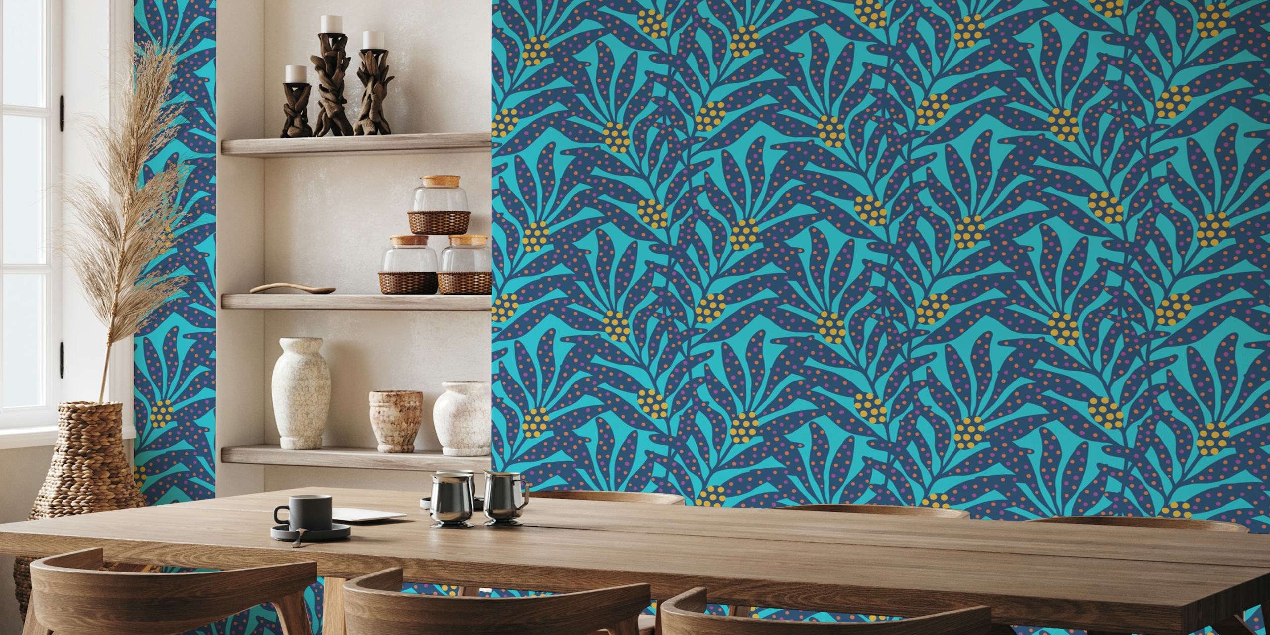 Bright blue wallpaper with olive branches and yellow polka dots, floral design wallpaper