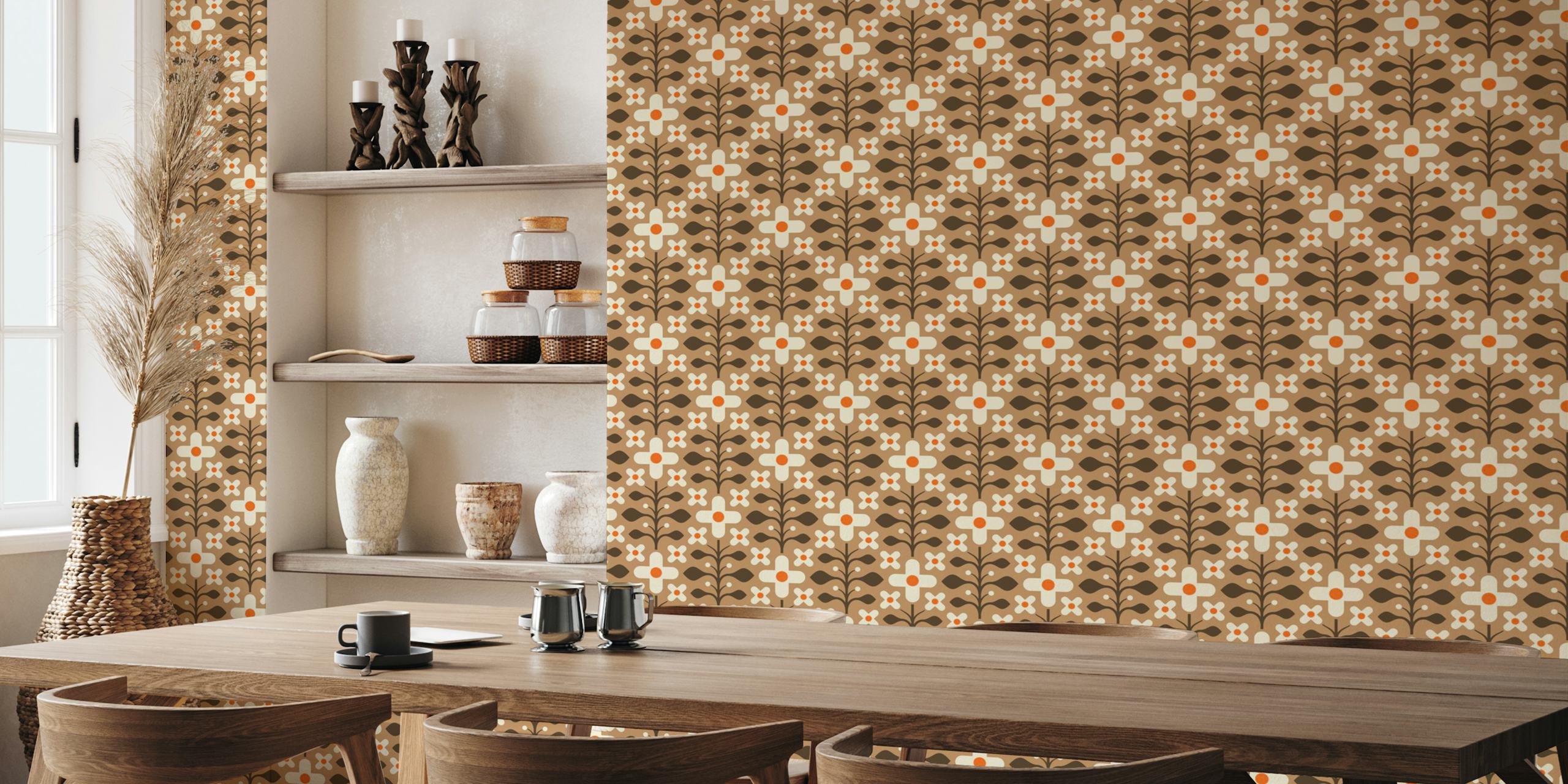 Geometric Flower Harmony in Brown tapetti huoneessa