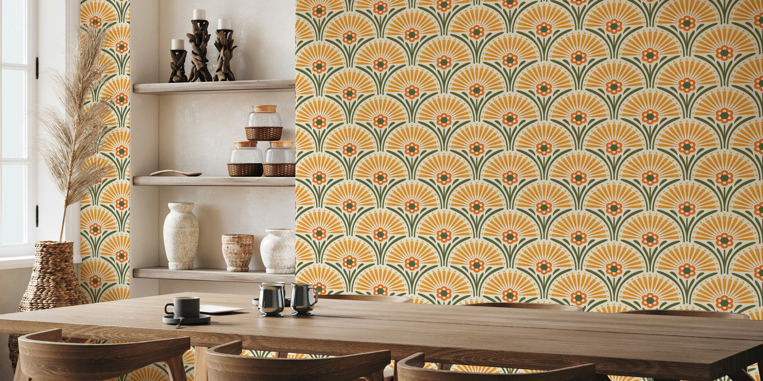 Vintage floral scallop pattern in orange and green wallpaper