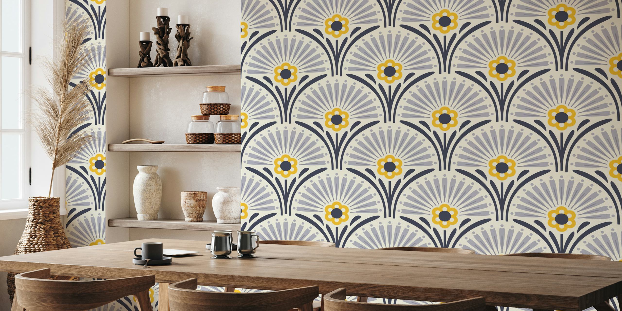 Floral scallop pattern wallpaper in gray, yellow, and black colors