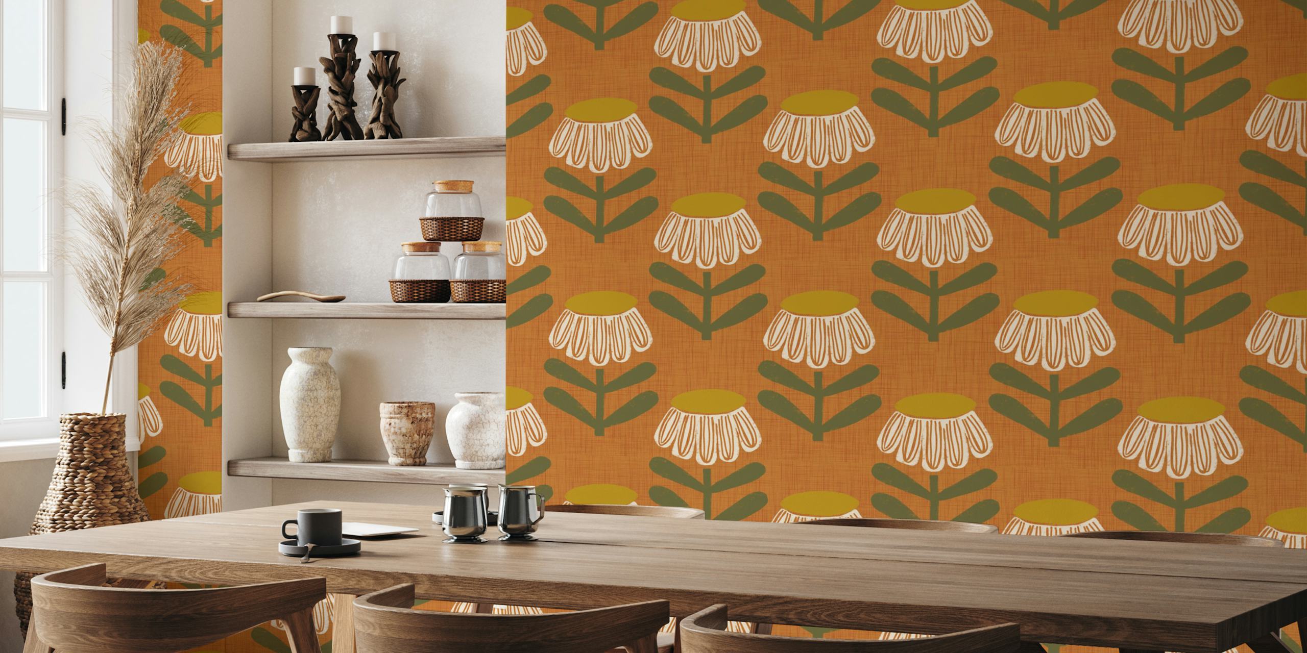 Retro Floral Burnt Orange behang in een kamer