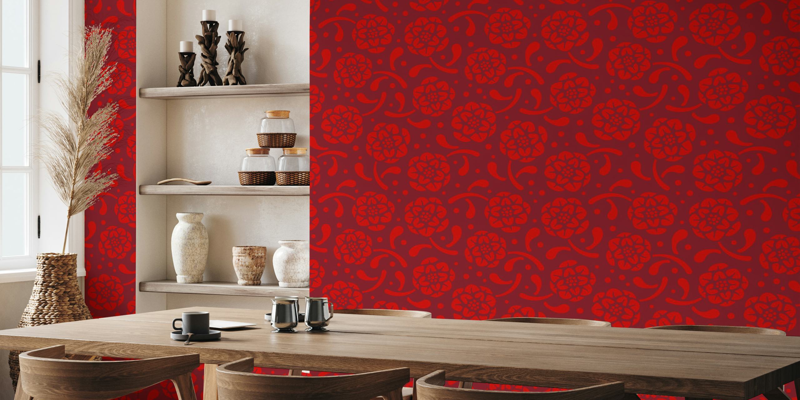 Red floral pattern with swirling designs on a cherry red background wallpaper