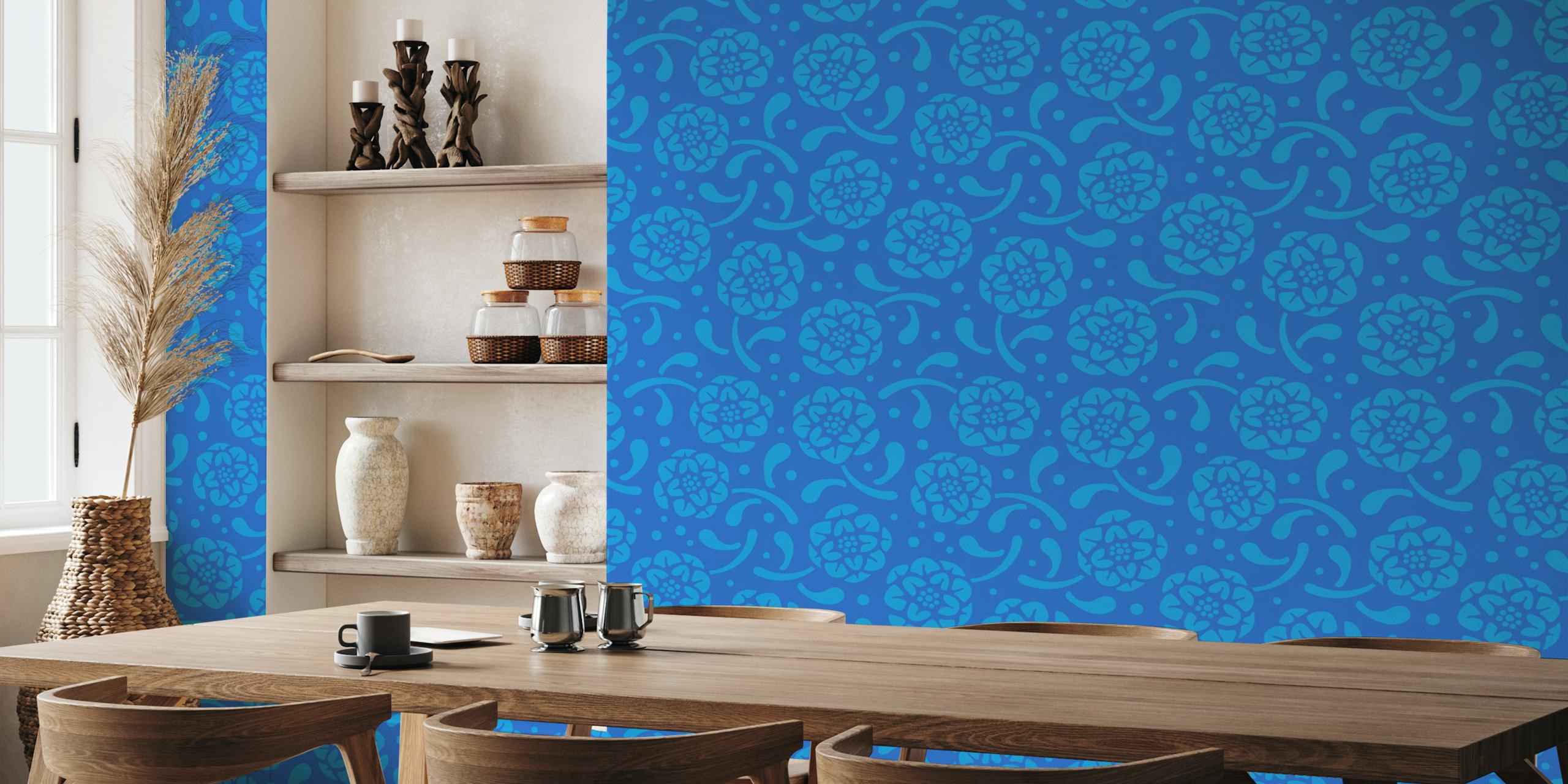 Dolce Block Print Retro Floral Sapphire Blue wallpaper image