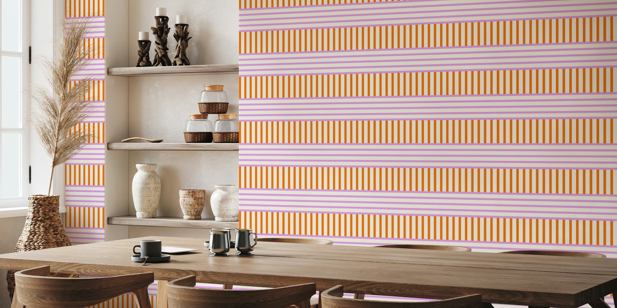 Coral and pink stripes wallpaper design with horizontal and vertical patterns