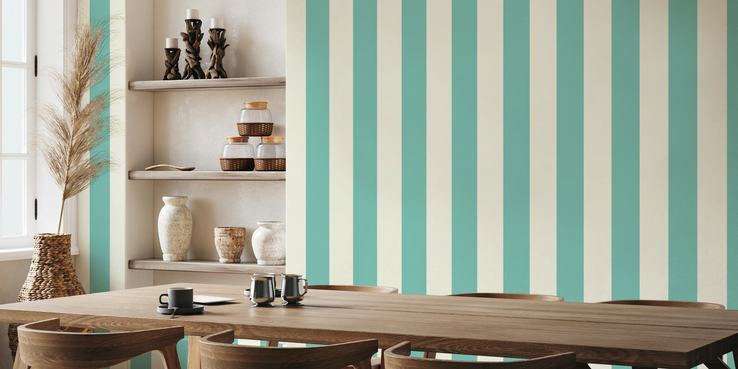 Cream og teal awning stripe tapet i et rom