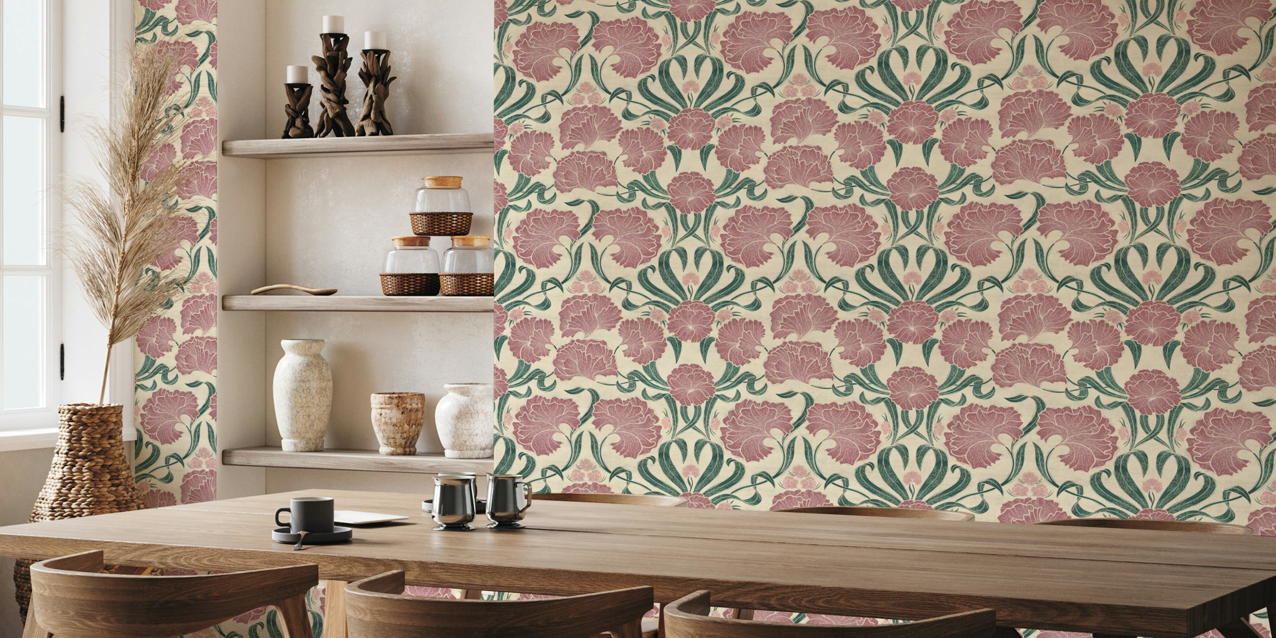 Pink and green botanical floral pattern wallpaper