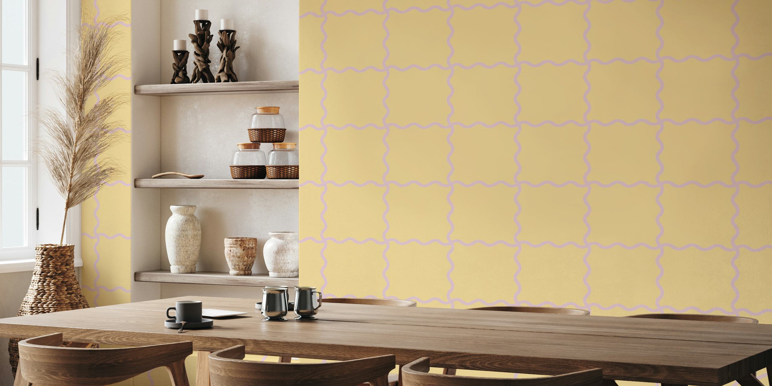 Wavy checker pattern in yellow and light lavender wallpaper