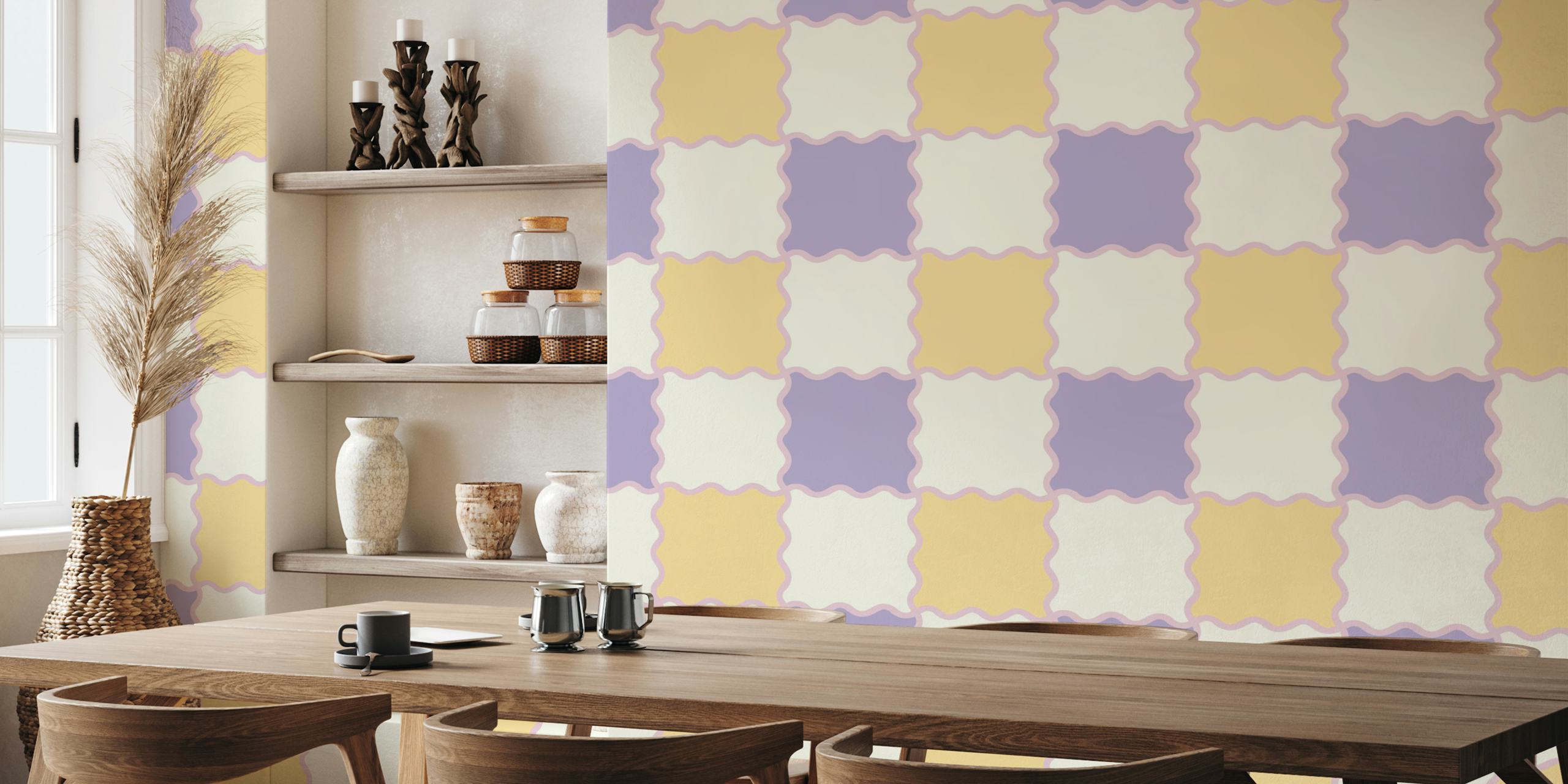 Papel de parede Wavy Checker Butter & Lilac em um quarto