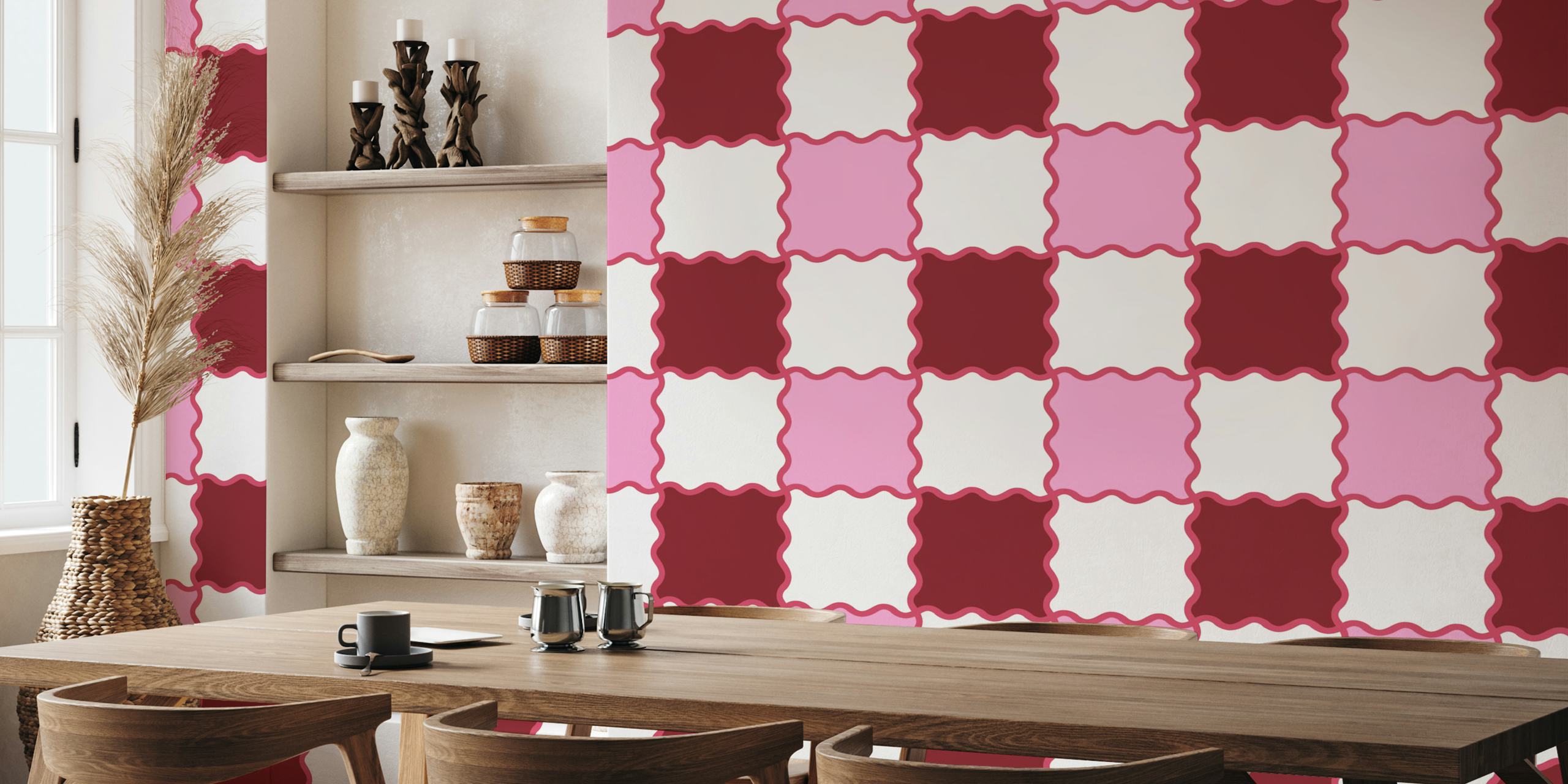 Wavy Checker Cherry and Pink wallpaper in a room