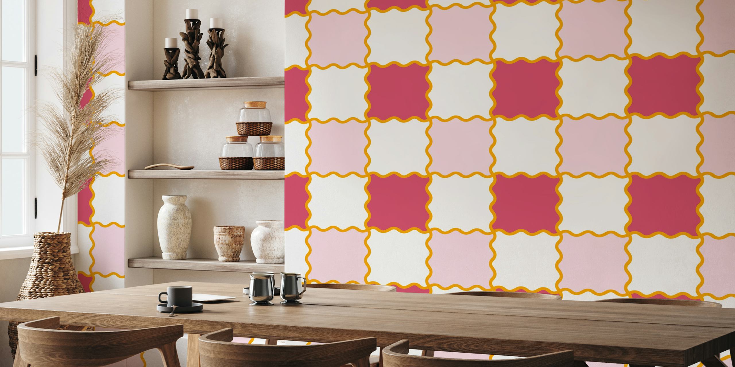 Wavy checker pattern in pink, ruby, and cream wallpaper