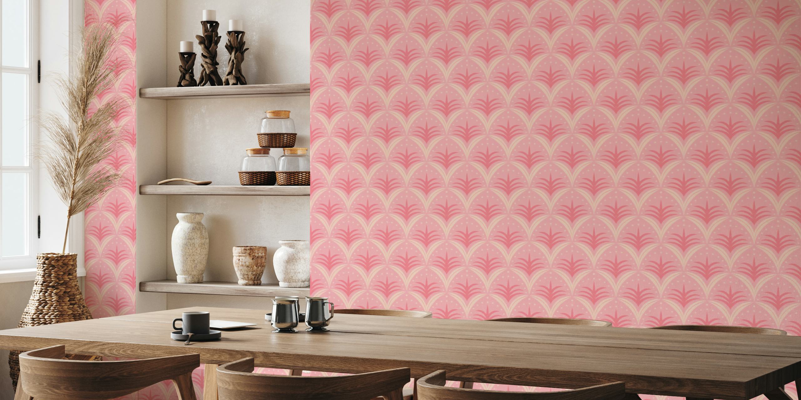 Blush Pink Art Deco Tropical Floral wallpaper in room
