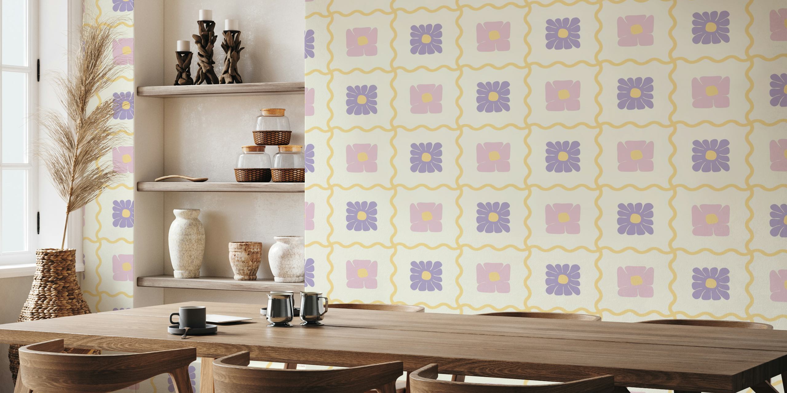 Pastel floral checkerboard pattern in soft colors wallpaper