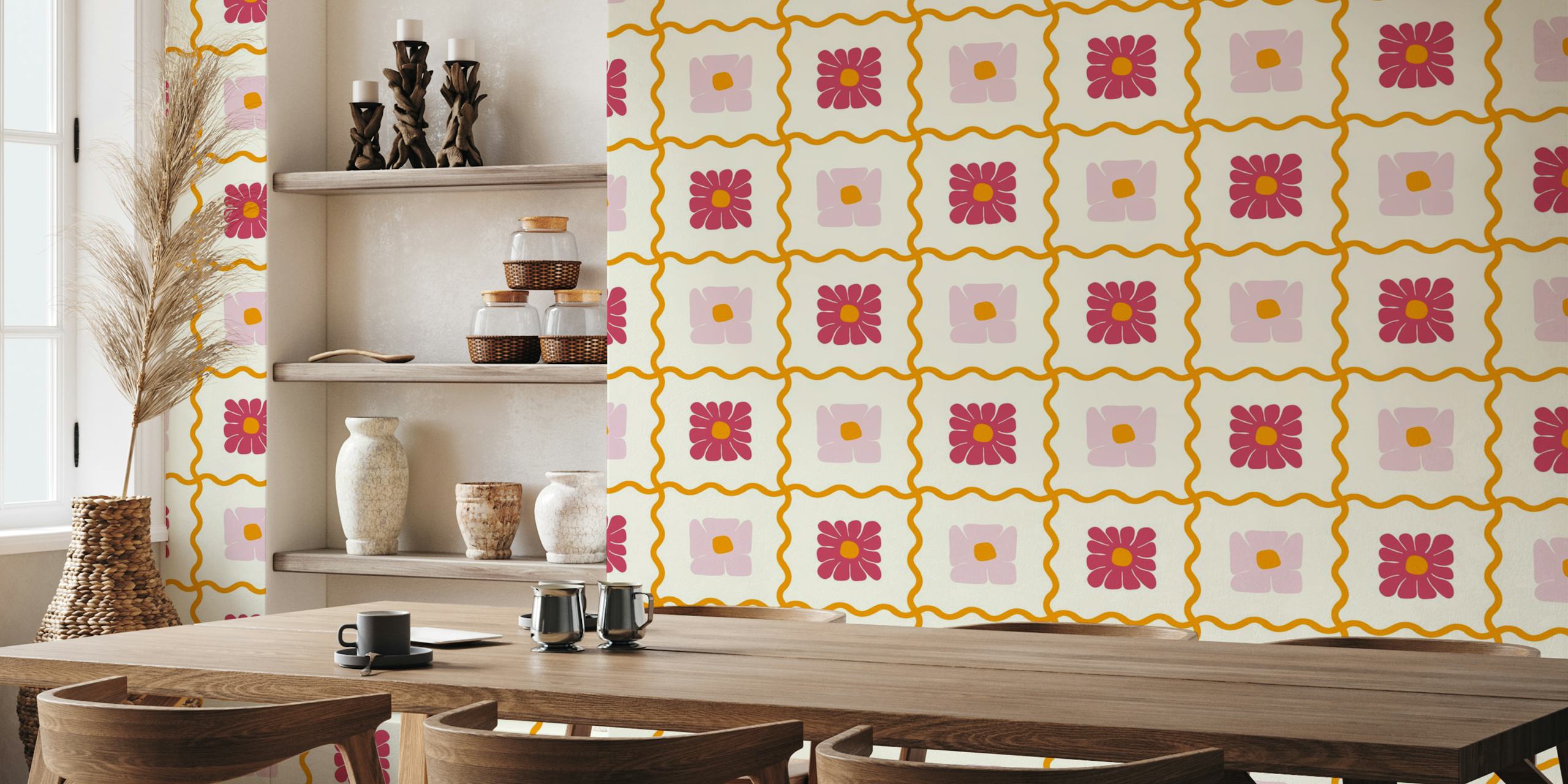 Colorful floral checker pattern in pink and yellow wallpaper