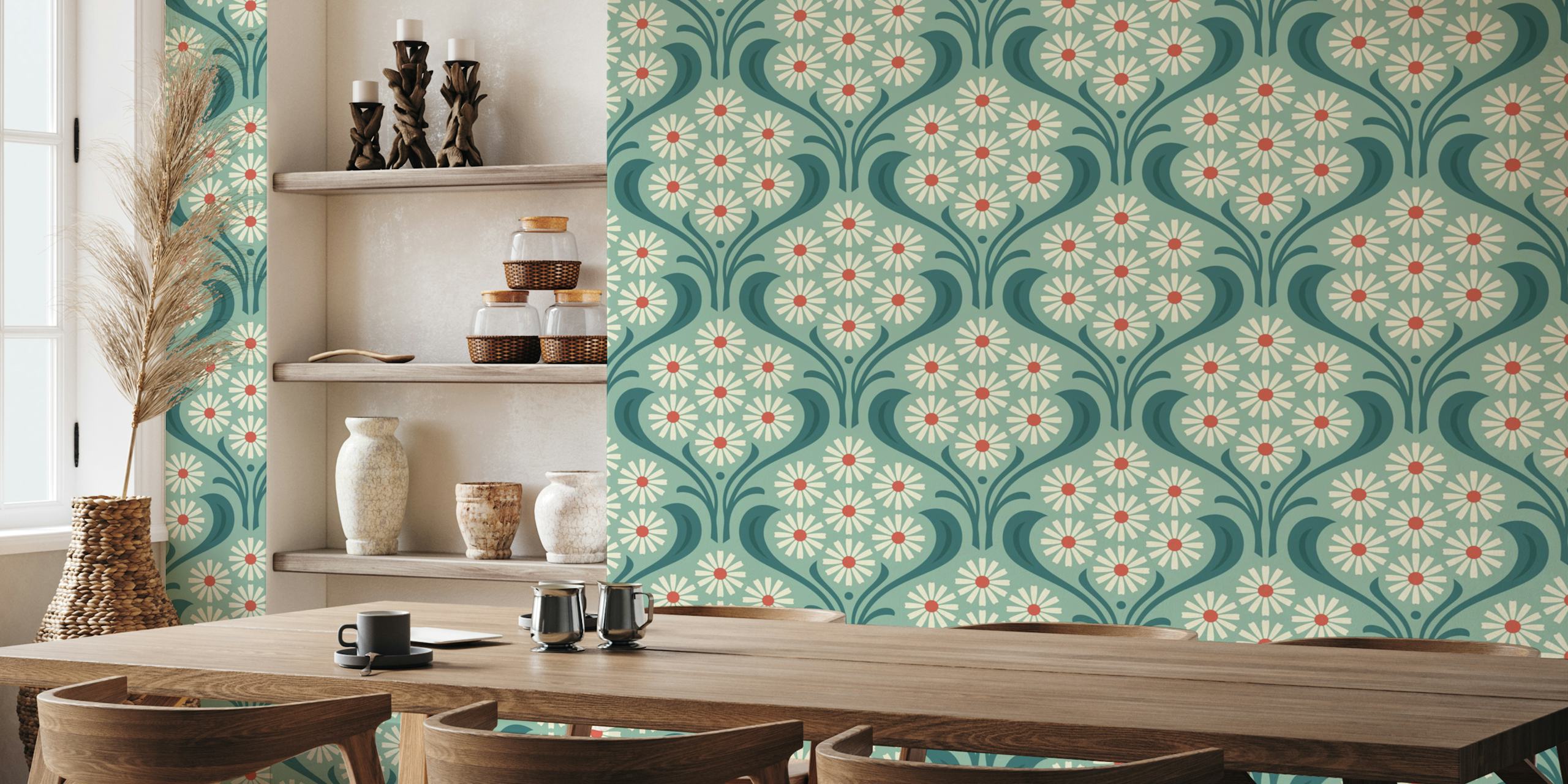 Turquoise floral daisy wallpaper with white petals and red centers