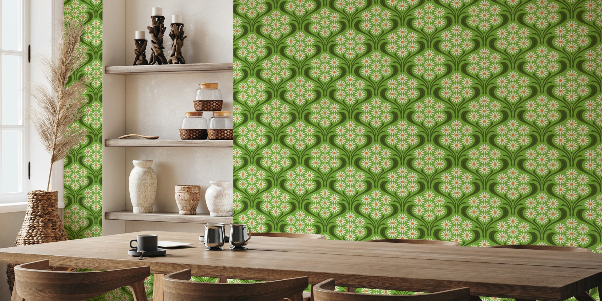 Vintage daisy floral pattern in green and white wallpaper