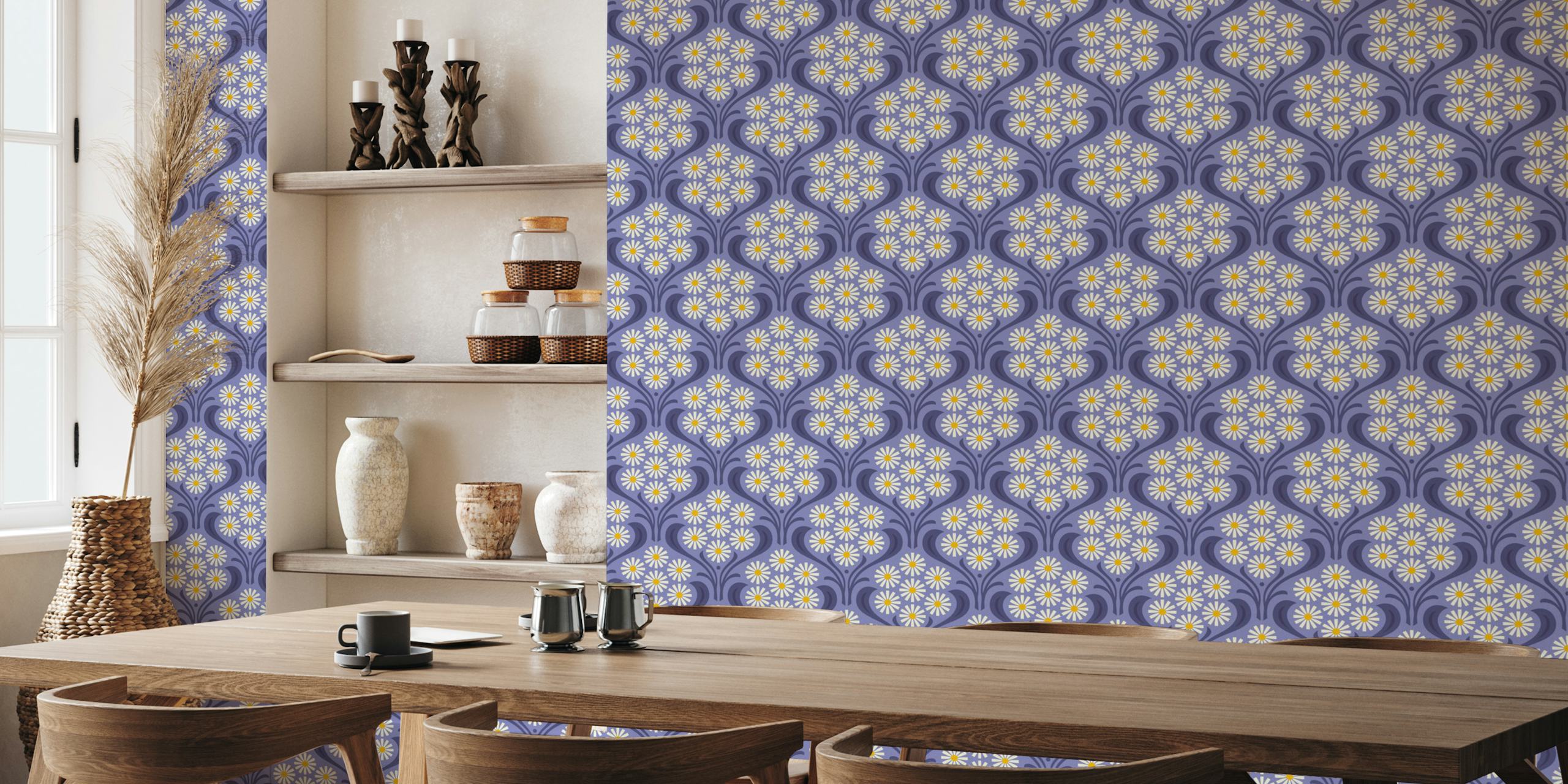 Purple floral daisy wallpaper, yellow centers, vintage design