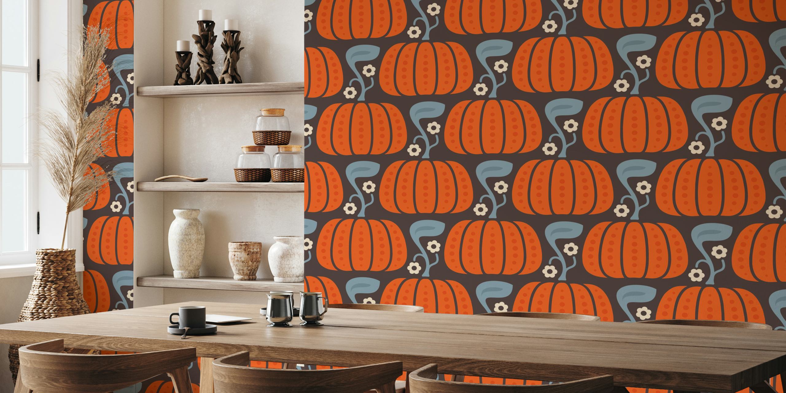 Orange pumpkins with leaves and flowers on dark background wallpaper