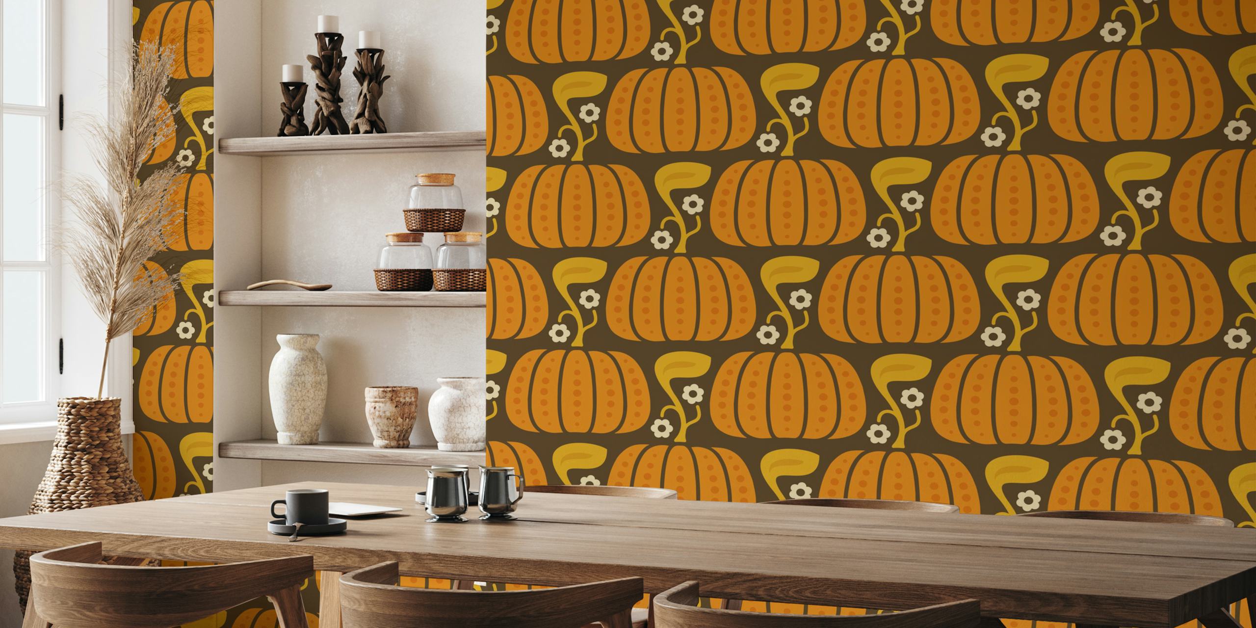 Orange and brown pumpkin wallpaper with flower motifs