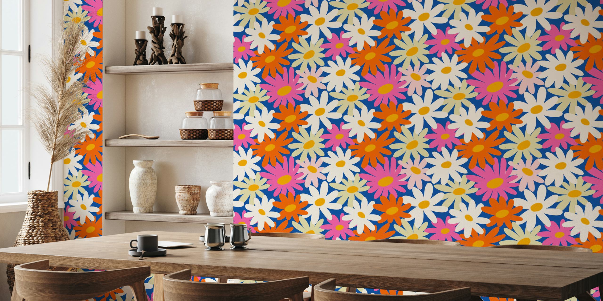 Colorful flower power party wallpaper in a room