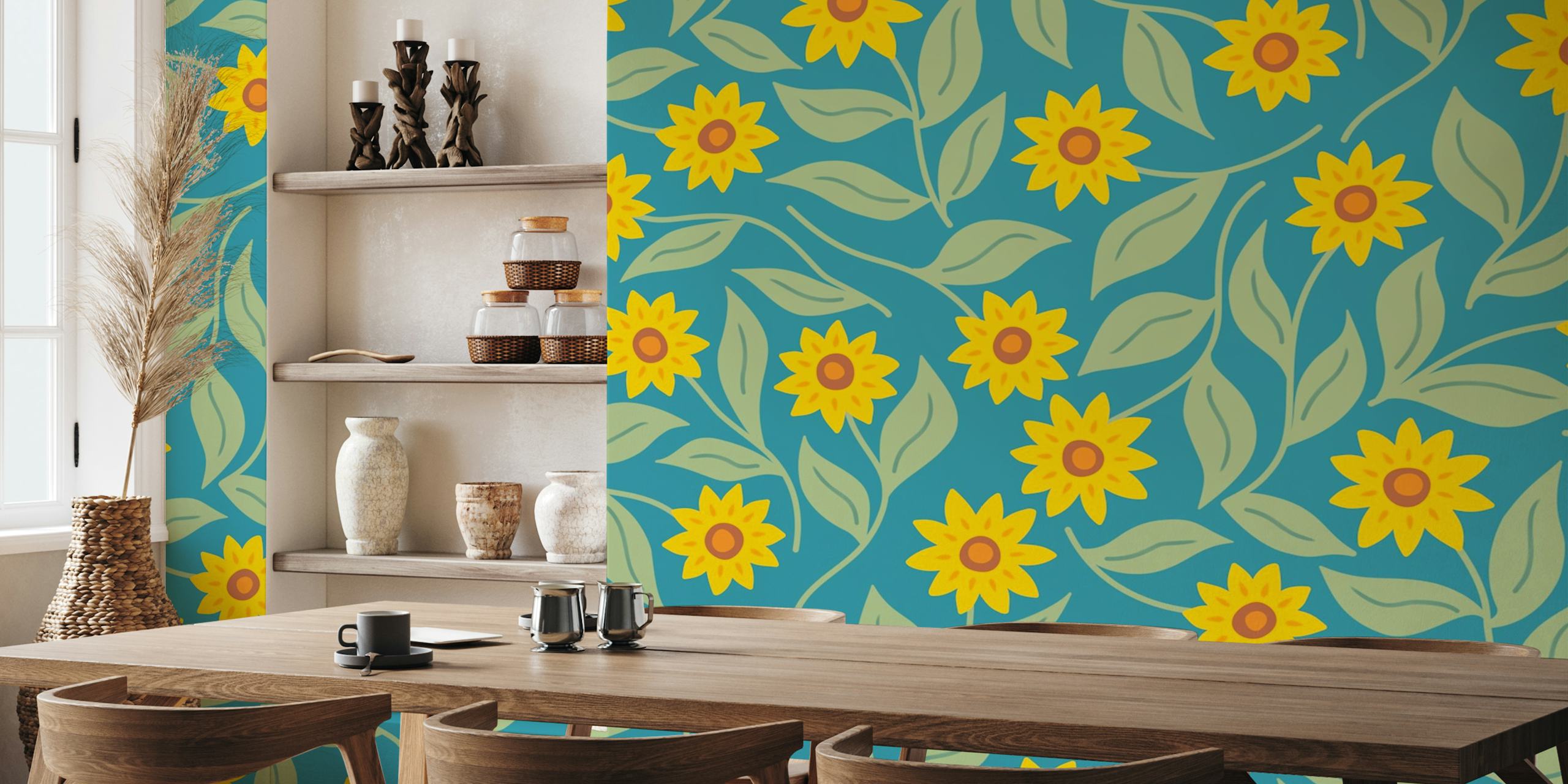 Sunflower scatter behang in een moderne kamer